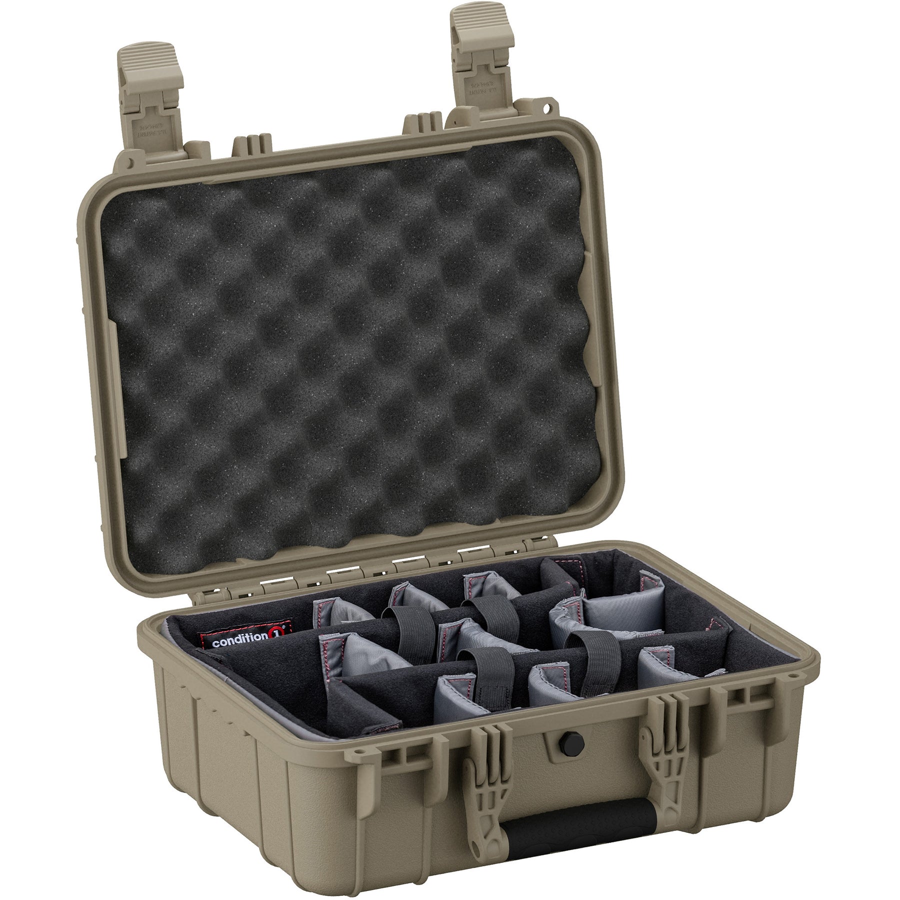 Alt text: "Open 16-inch Condition 1 medium case in tan color displaying adjustable padded dividers and egg-crate foam lid, designed for organizing and protecting equipment."