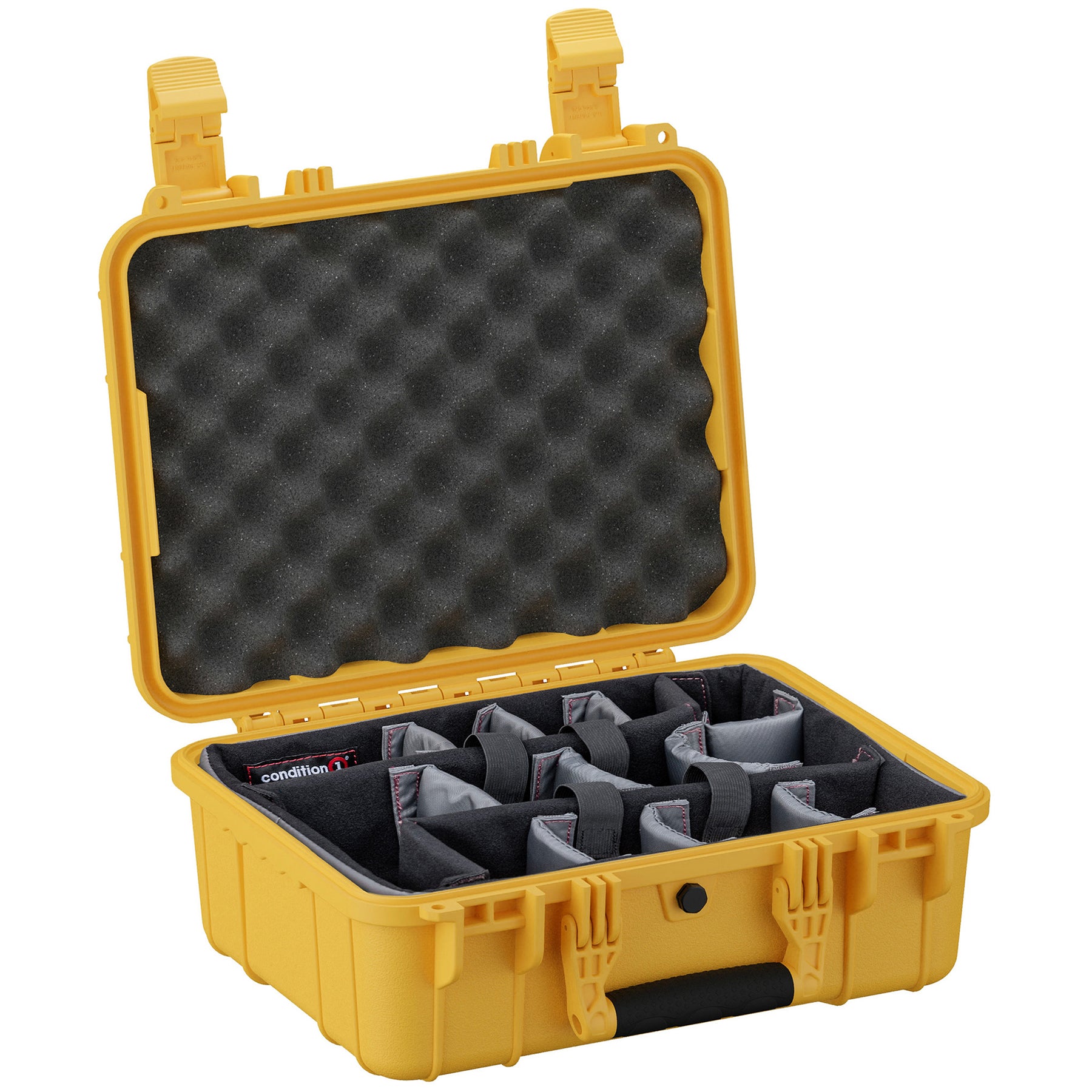 Yellow 16-inch medium protective case with foam padding and adjustable dividers for secure storage.