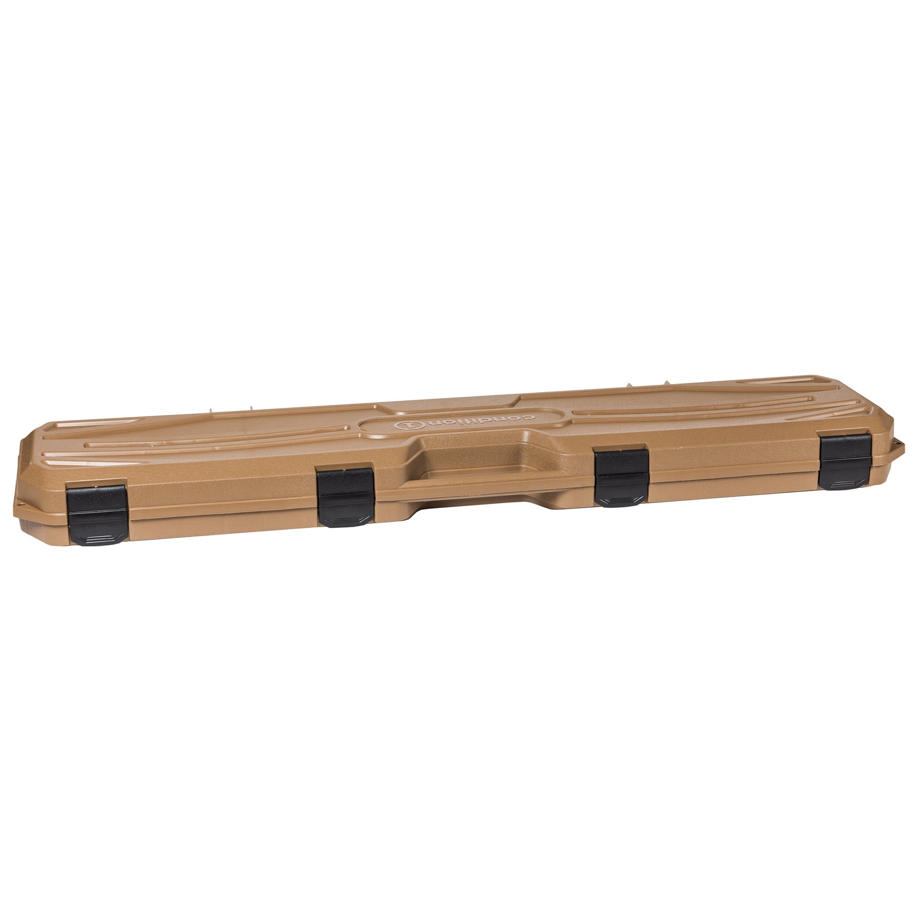 42-inch tan plastic storage case with black latches, designed for durable, portable organization and transport.