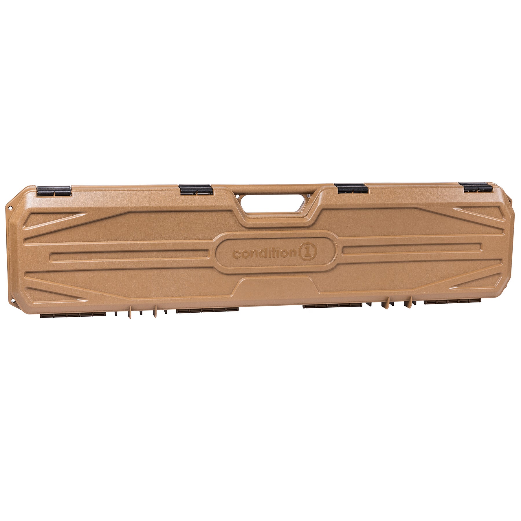 Tan 42-inch economy hard case with black latches and handle, labeled "condition 1" for secure storage and transport.