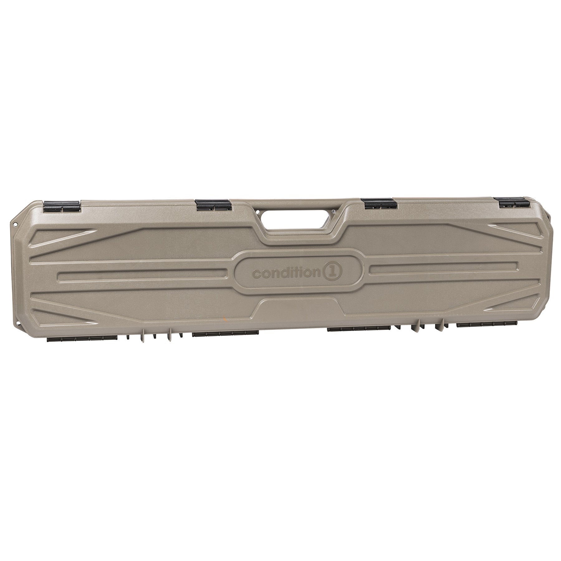 42-inch gray plastic storage case with black latches and handle, labeled "condition 1" for secure equipment storage.