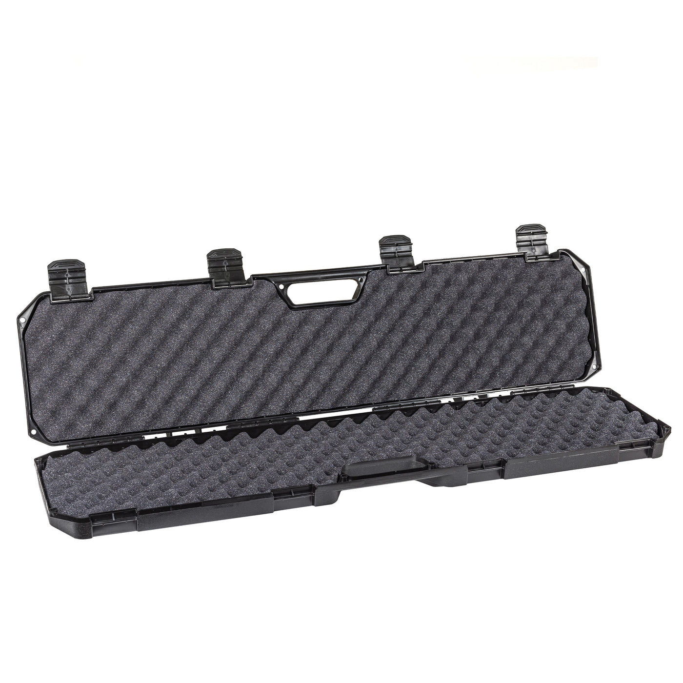 Open black 42" economy case with foam padding and secure latches, designed for safe storage and transport of equipment.