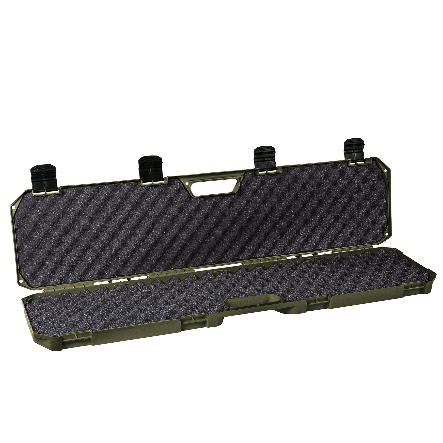 Open green 42" economy case with foam padding and black latches, designed for secure storage and transport.