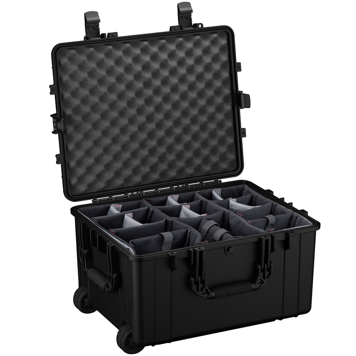 Alt text: "Large black hardshell protective case, 25 inches with customizable foam inserts and built-in wheels, open display showing interior organization system."