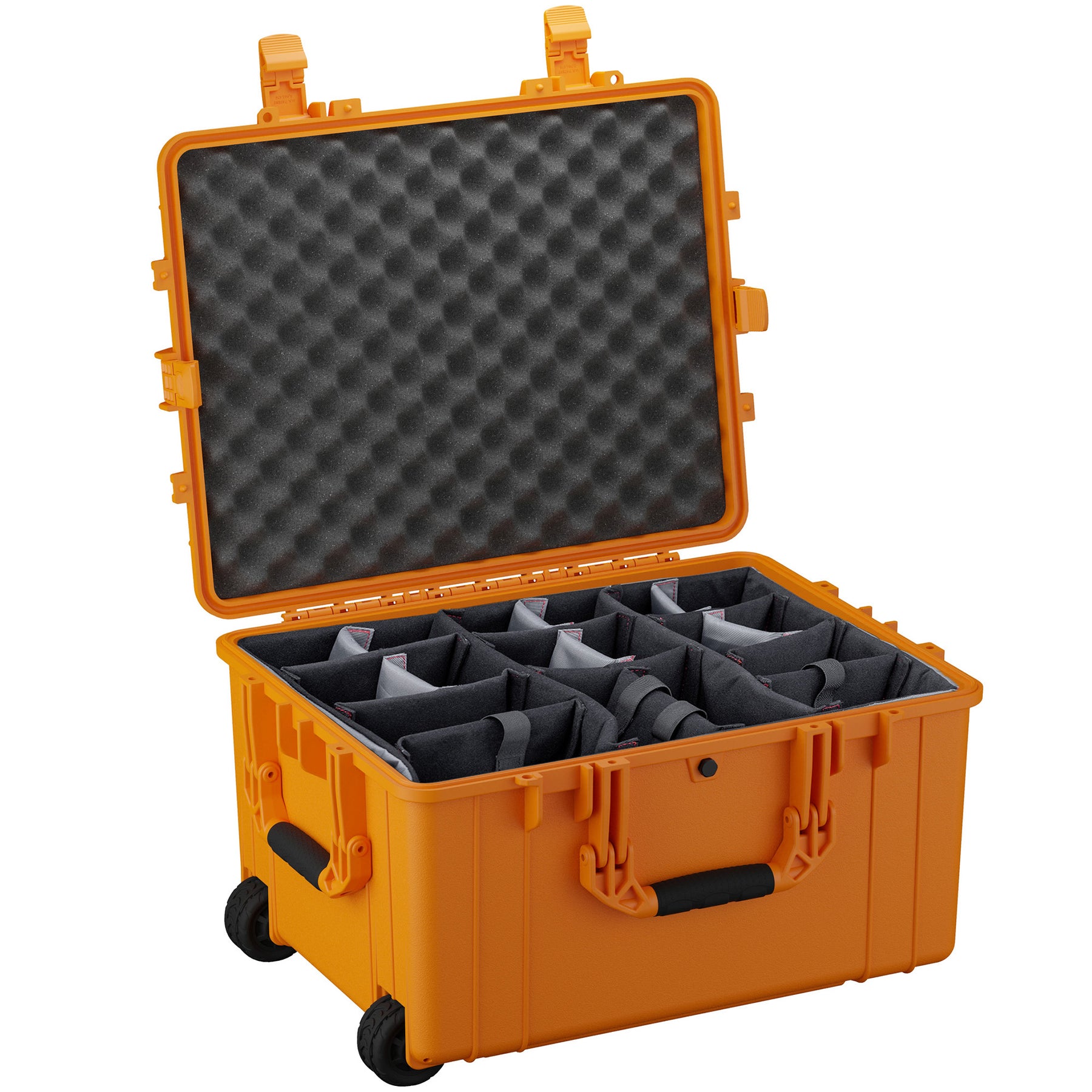 Alt text: "Open large orange protective case with foam dividers and foam-lined lid, featuring wheels and sturdy handles for mobility, ideal for storing and transporting sensitive equipment."