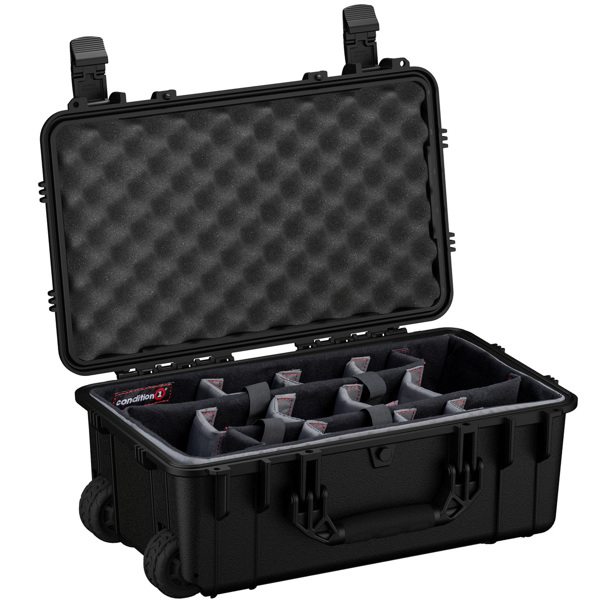 Alt text: Opened large black hard-shell protective case, 22 inches, with wheels and customizable foam inserts, showing internal padded dividers and convoluted foam in the lid for secure equipment storage. The case features reinforced lockable latches for