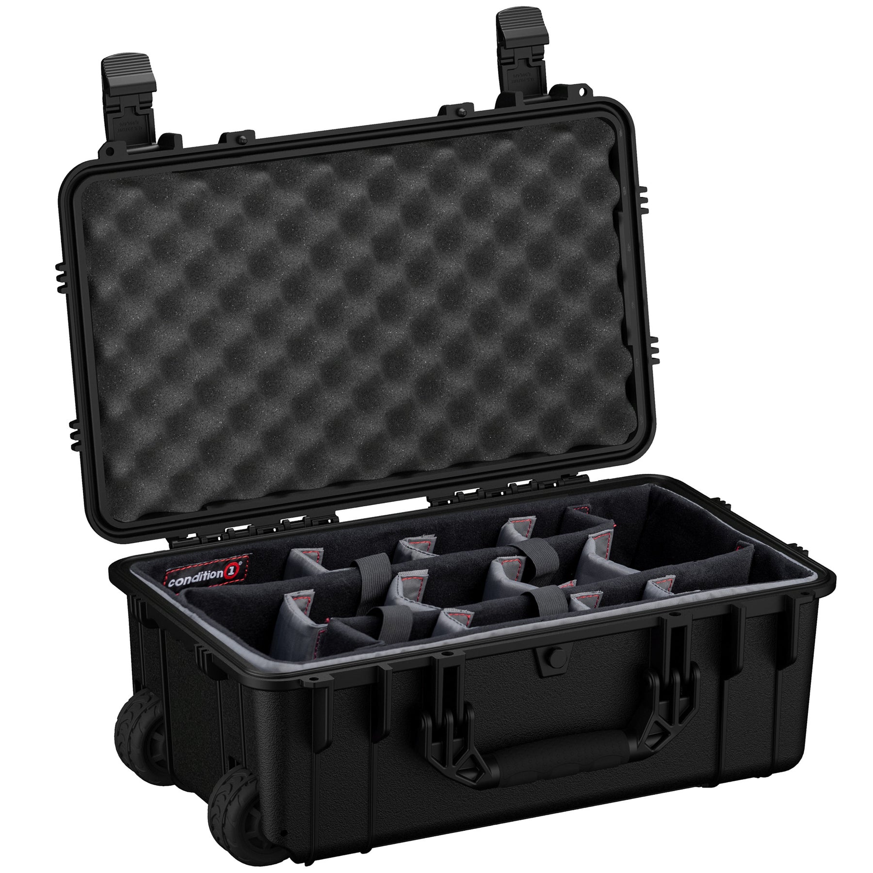 Alt text: Opened large black hard-shell protective case, 22 inches, with wheels and customizable foam inserts, showing internal padded dividers and convoluted foam in the lid for secure equipment storage. The case features reinforced lockable latches for