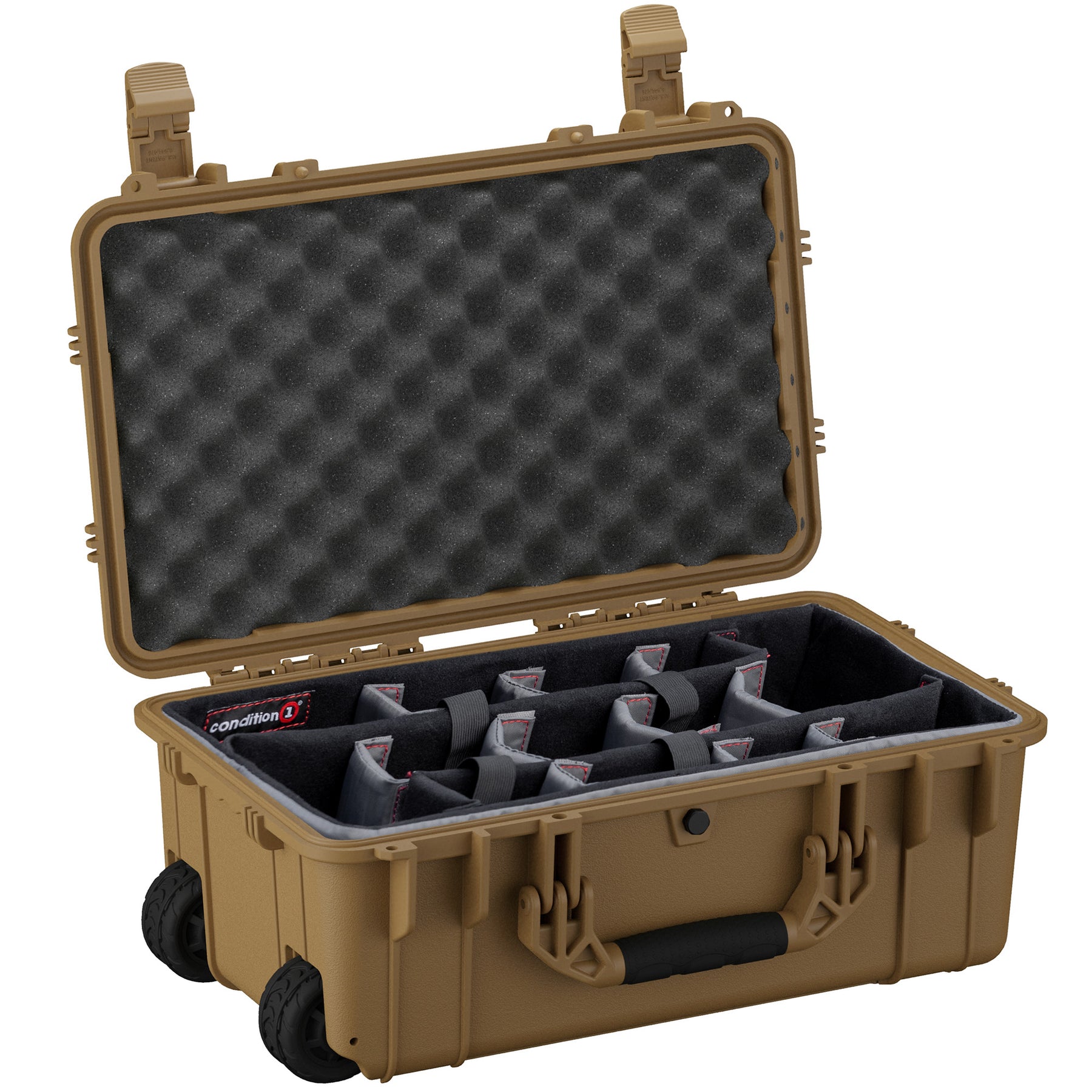 Alt text: "Open 22-inch large protective case showing interior customizable foam dividers and foam padding on lid, in a tan color with rugged wheels and dual latching system for secure transport."