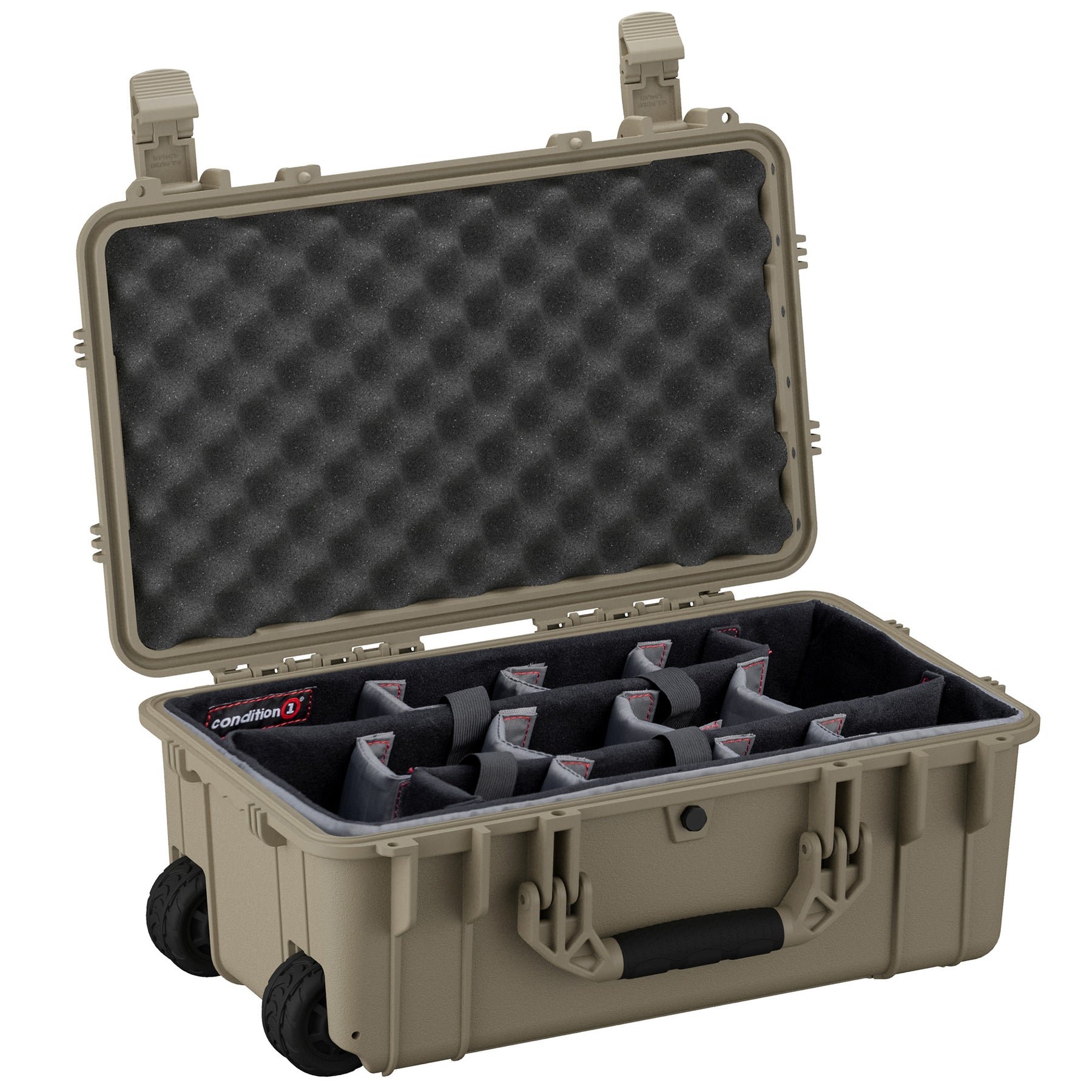 Alt text: Open 22-inch large protective case with customizable foam inserts and heavy-duty wheels, featuring a durable sand-colored exterior and dual latch closures.