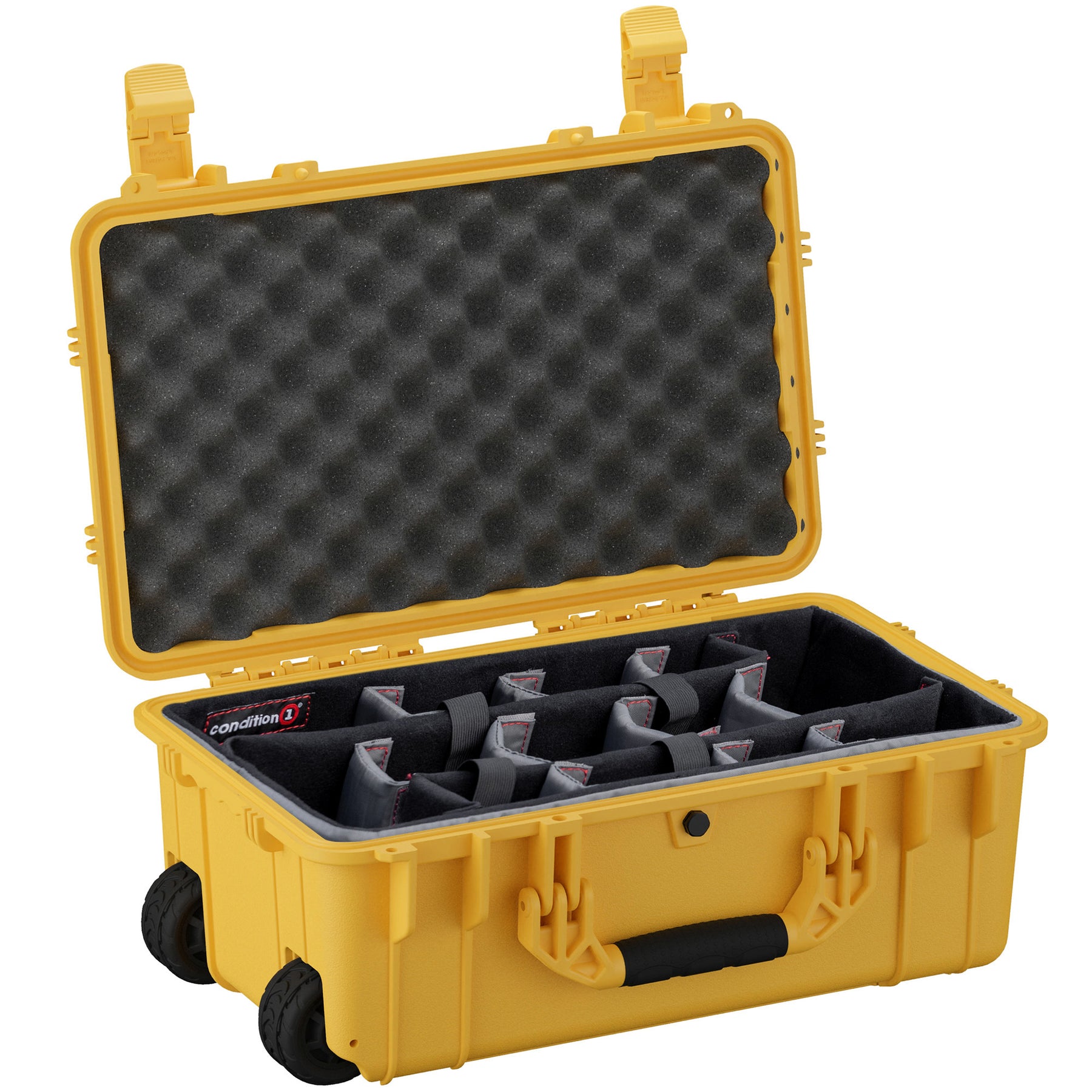 Yellow 22-inch large protective case with foam padding and compartments for secure storage and transport.