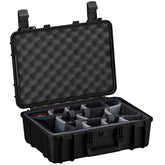 Alt text: Durable black protective case, 18 inches, named Medium Case #801, open to show its gray foam dividers and egg-crate foam lid, designed for organizing and securing equipment.