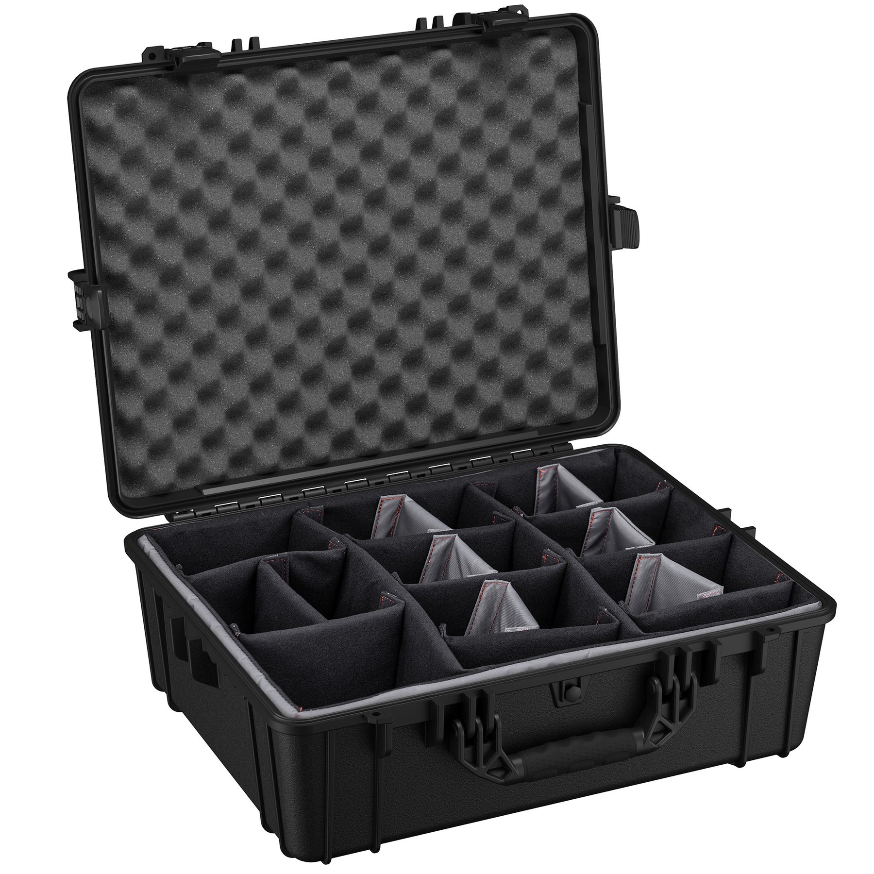 Black protective hard case with custom foam dividers and egg-crate foam lid, 25 inches, suitable for storing and transporting sensitive equipment.