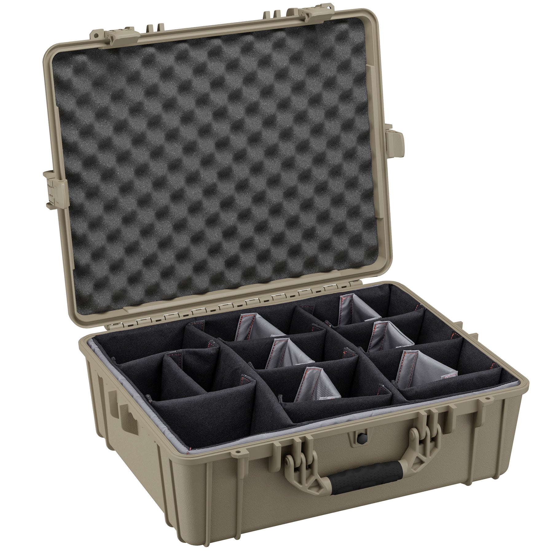 Alt text: "Open 25-inch large protective case with customizable padded dividers and convoluted foam in the lid, in a desert tan color, designed for storing and transporting sensitive equipment securely."