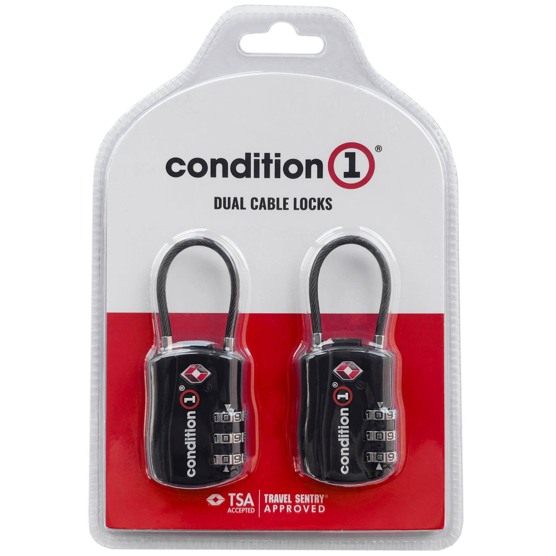 Two black Condition 1 combo locks with adjustable dials, packaged together for secure luggage or storage.