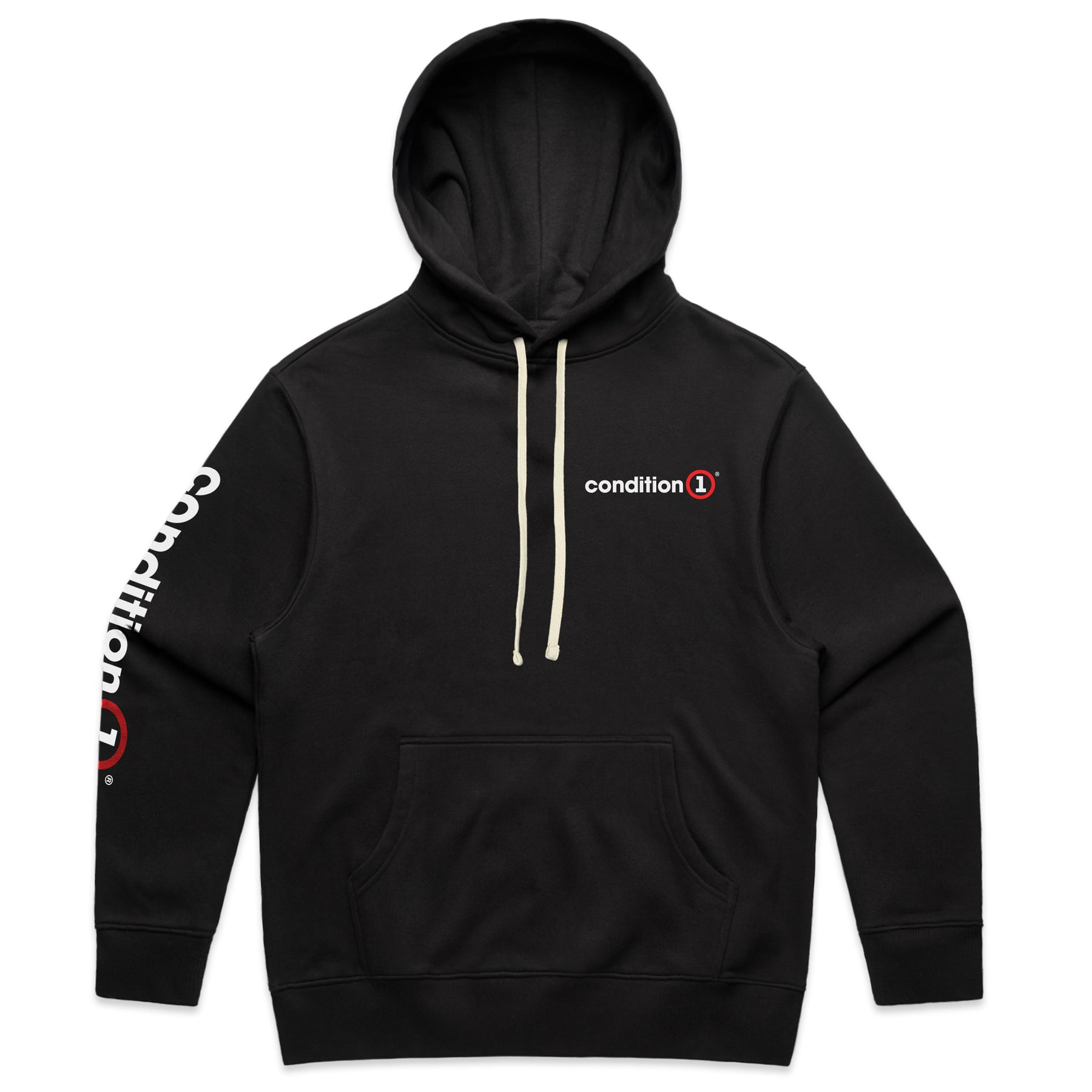 Black hooded pullover hoodie with "condition 1" logo on chest and "condition" text with a red circle on sleeve.