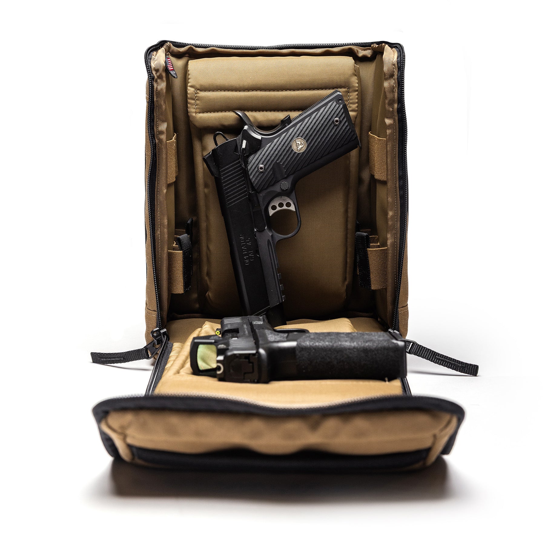 Open Lone Star 2 Pistol Bag with two handguns, one inside and one outside, in a tan and black tactical carrying case.