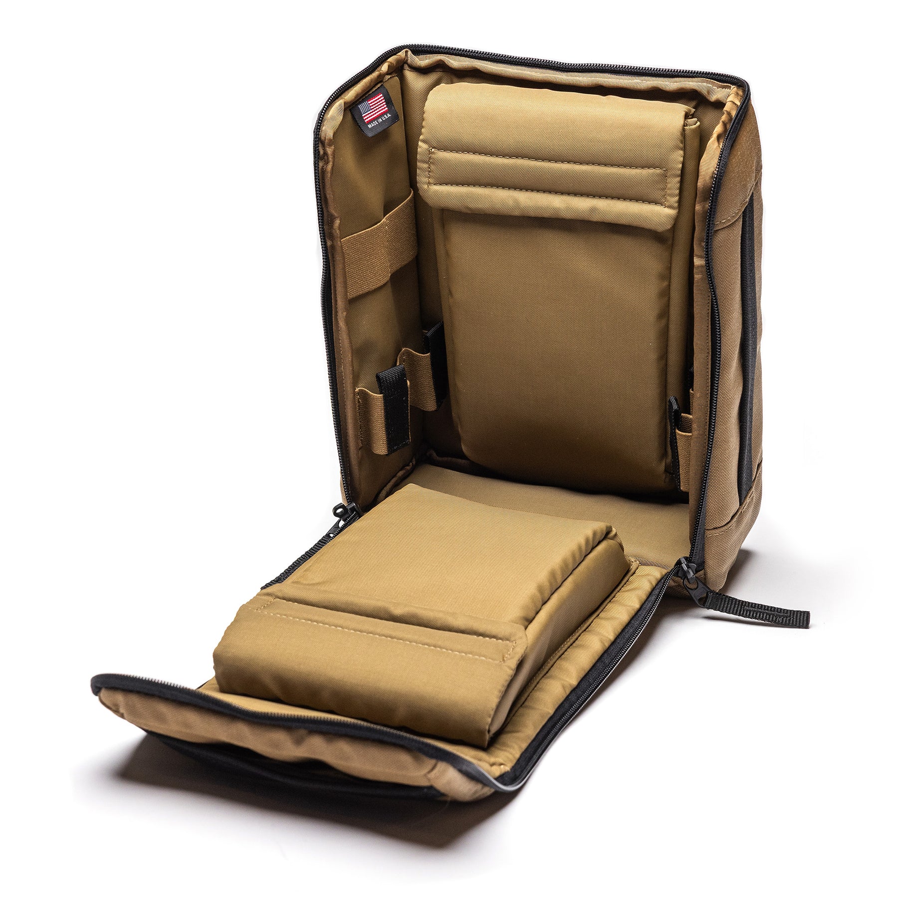 Open tan Lone Star 2 Pistol Bag with padded compartments and multiple organizational pockets for firearm storage.