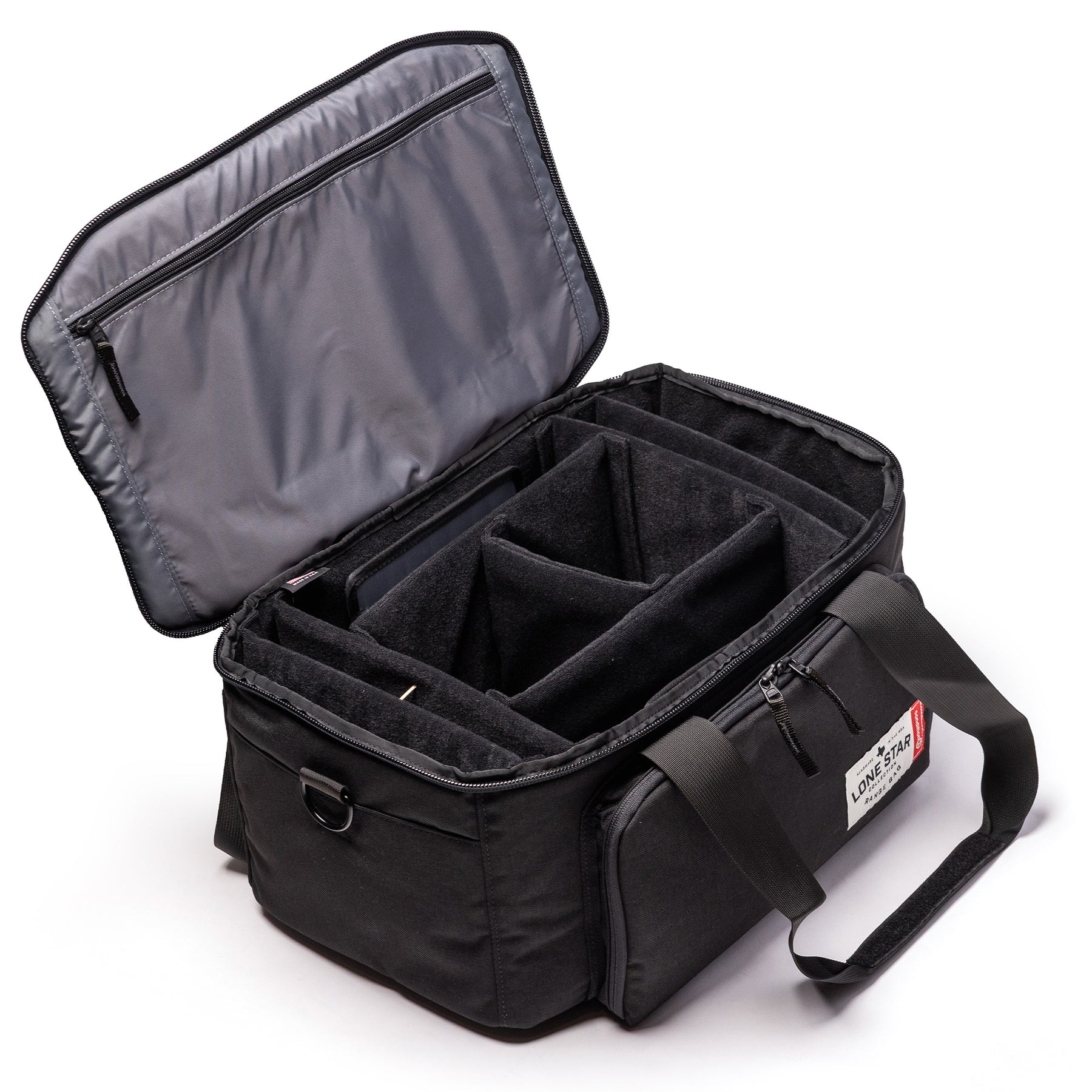 Lone Star Range Bag with an open top, featuring padded dividers and a spacious interior for organizing gear.