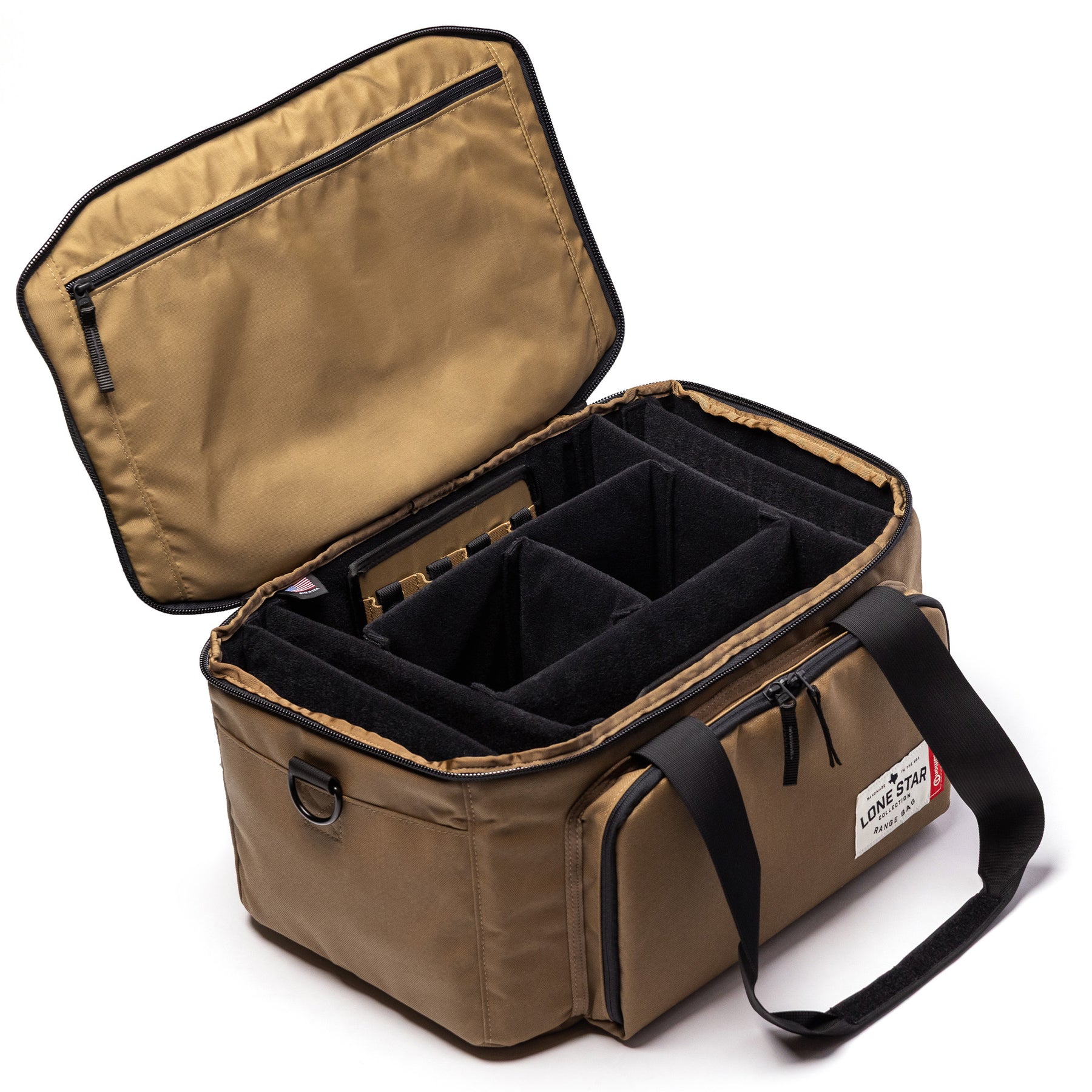 Lone Star Range Bag with an open top, featuring padded dividers and a spacious interior for organized gear storage.