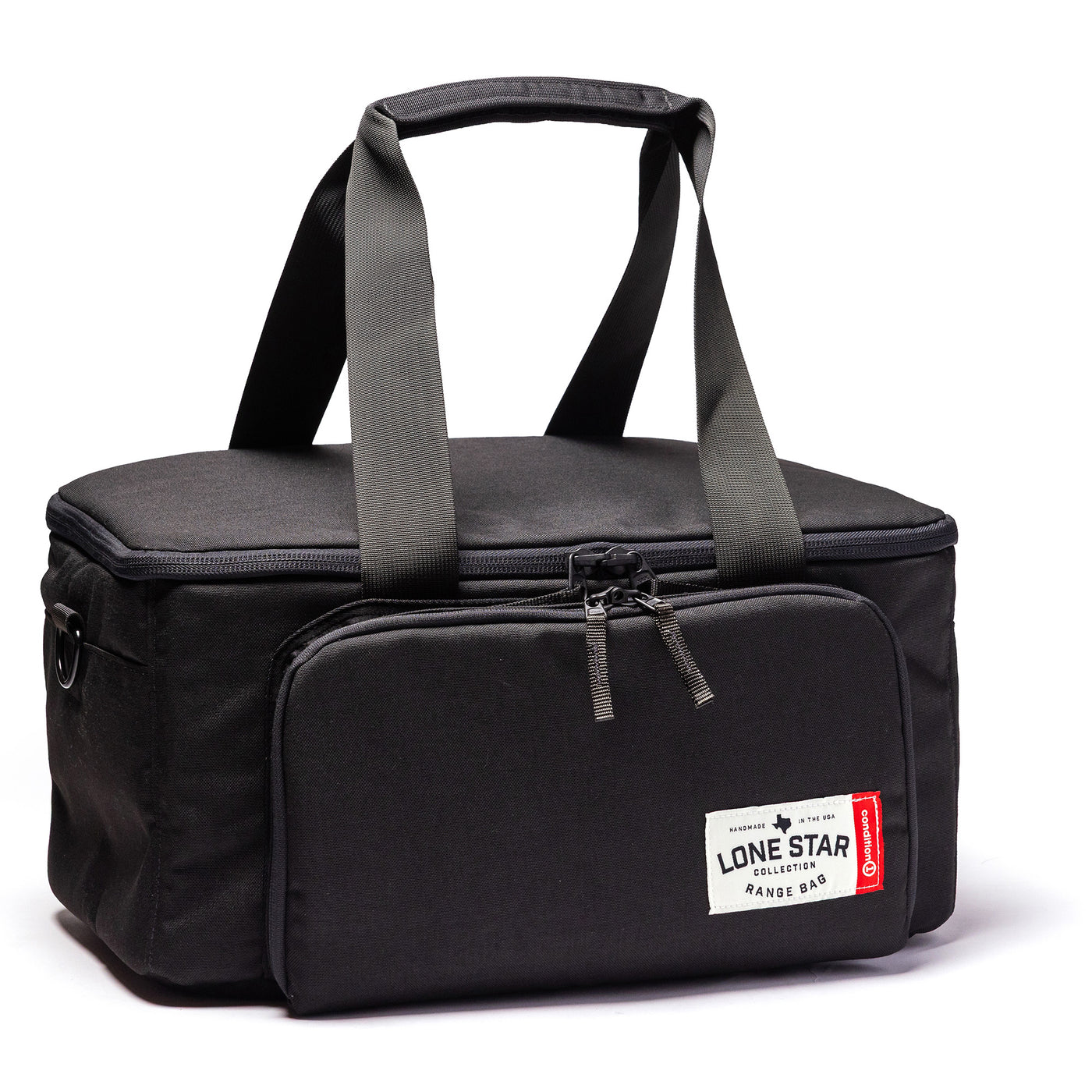 Lone Star Range Bag in black with sturdy handles and a front zip pocket for secure storage and transport of gear.