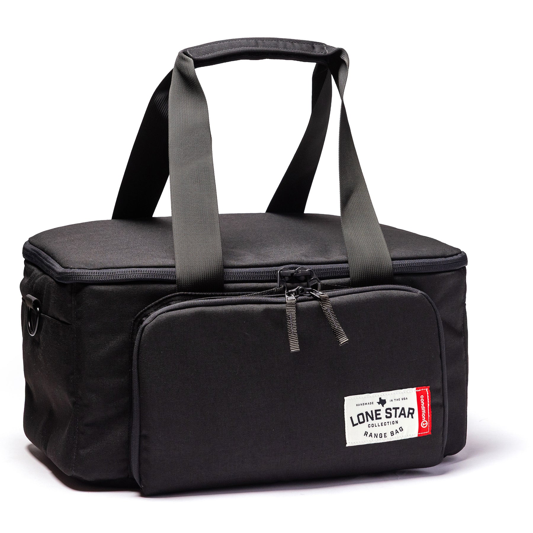Lone Star Range Bag in black with sturdy handles and a front zip pocket for secure storage and transport of gear.