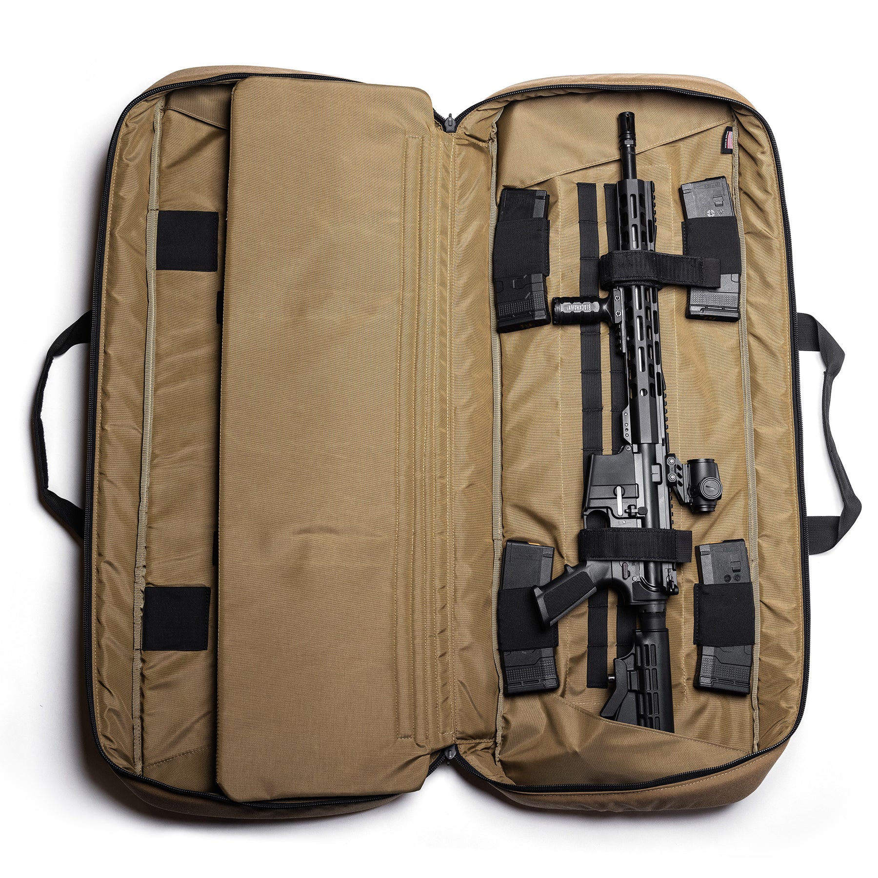 Open tan Lone Star 36" rifle bag with a firearm, magazines, and accessories secured inside, designed for gun storage and transport.