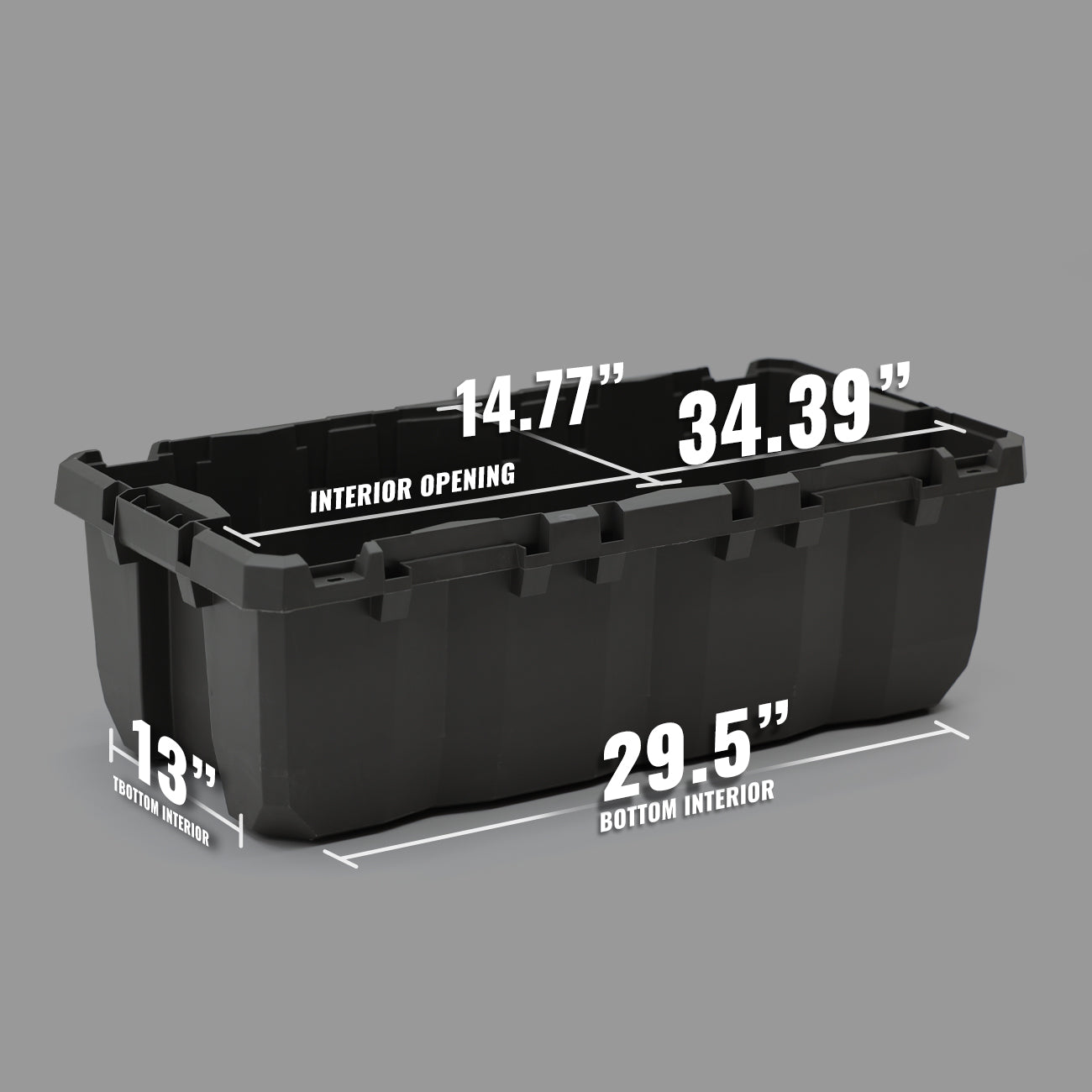 Alt text: "A side view of a black 38-inch Sportsman Trunk displaying its interior and bottom measurements. The interior opening is marked at 34.39 inches by 14.77 inches and the bottom interior dimension is 29.