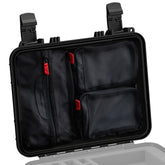 Black lid organizer with multiple mesh compartments and red zipper pulls, designed for case #179 for efficient storage.