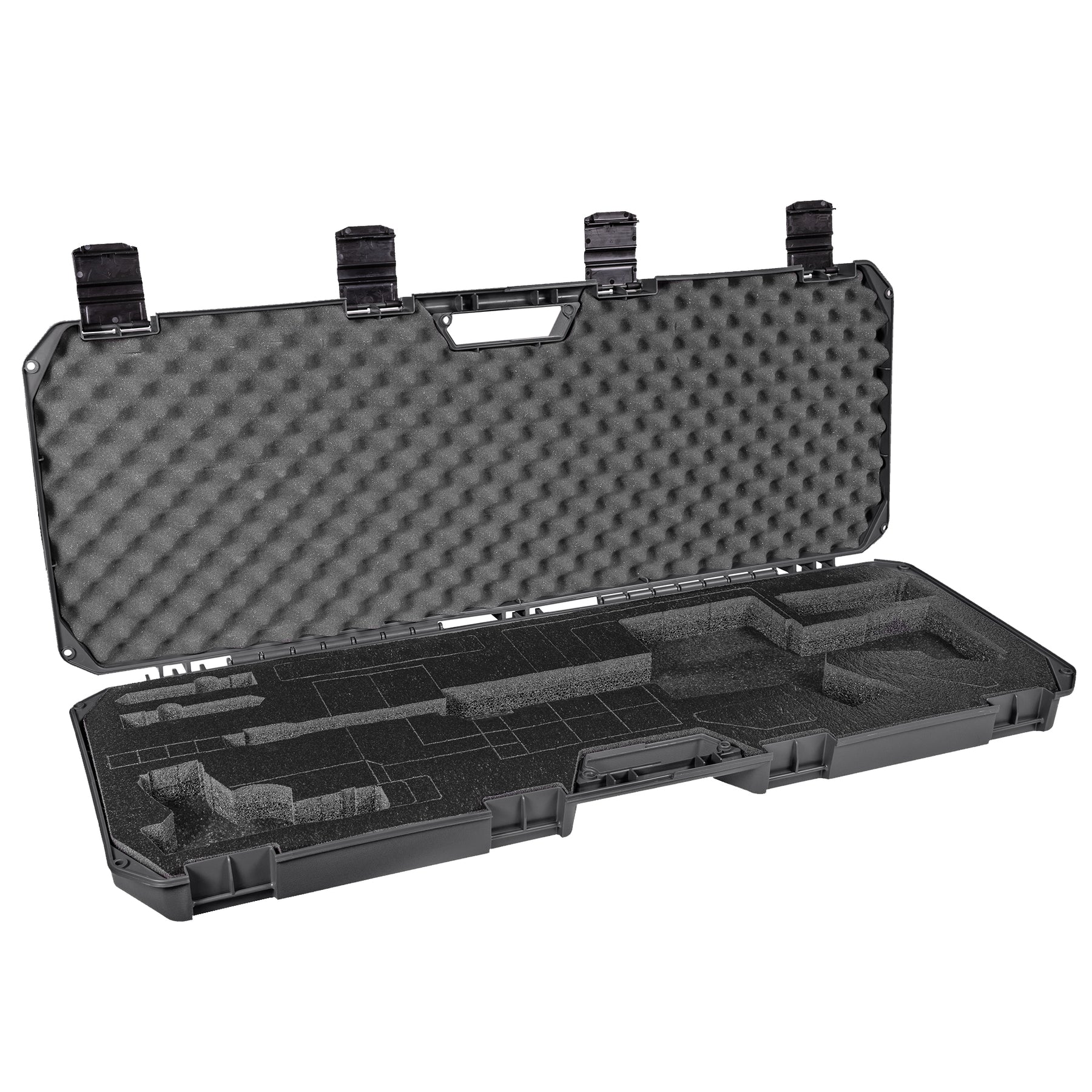 Open black 42" economy AR case with foam padding and compartments for firearm storage, designed for secure transport.