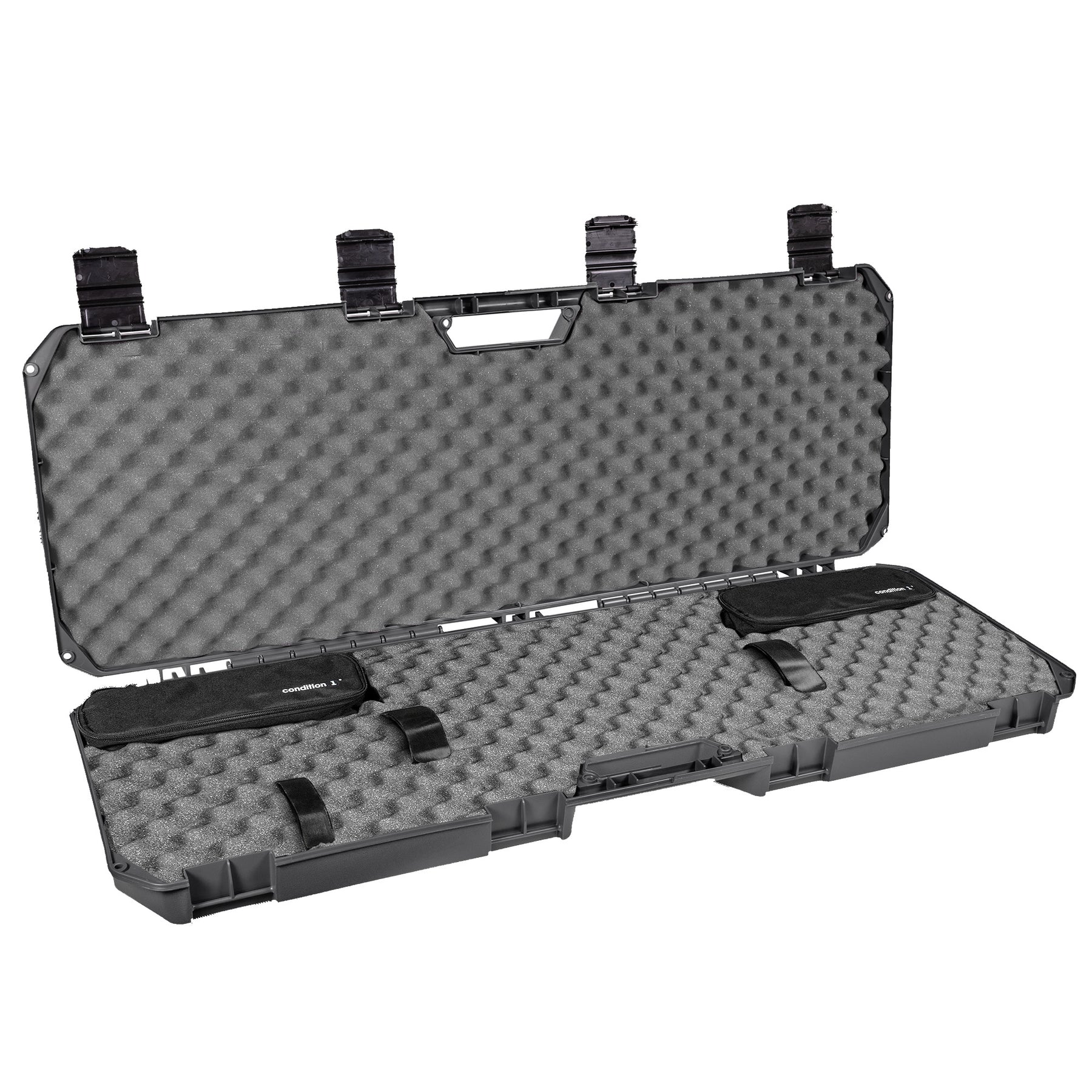Open 42" black economy AR case with foam padding and storage compartments for firearm transportation.