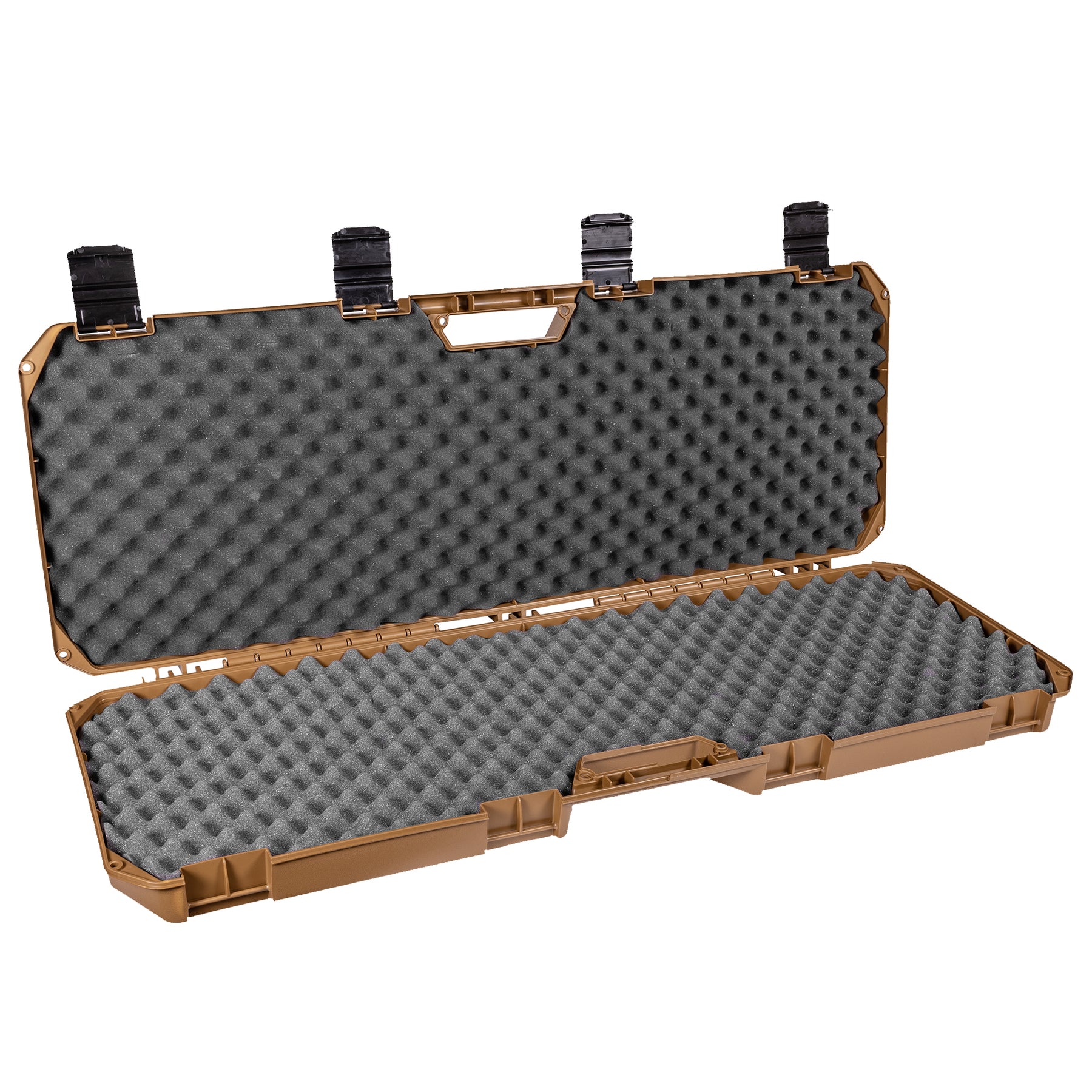 Open 42" brown AR case with foam padding and egg crate foam interior for firearm storage and protection.
