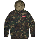 Camouflage hoodie with concealed hood, front pocket, and red "condition" logo patch on chest.