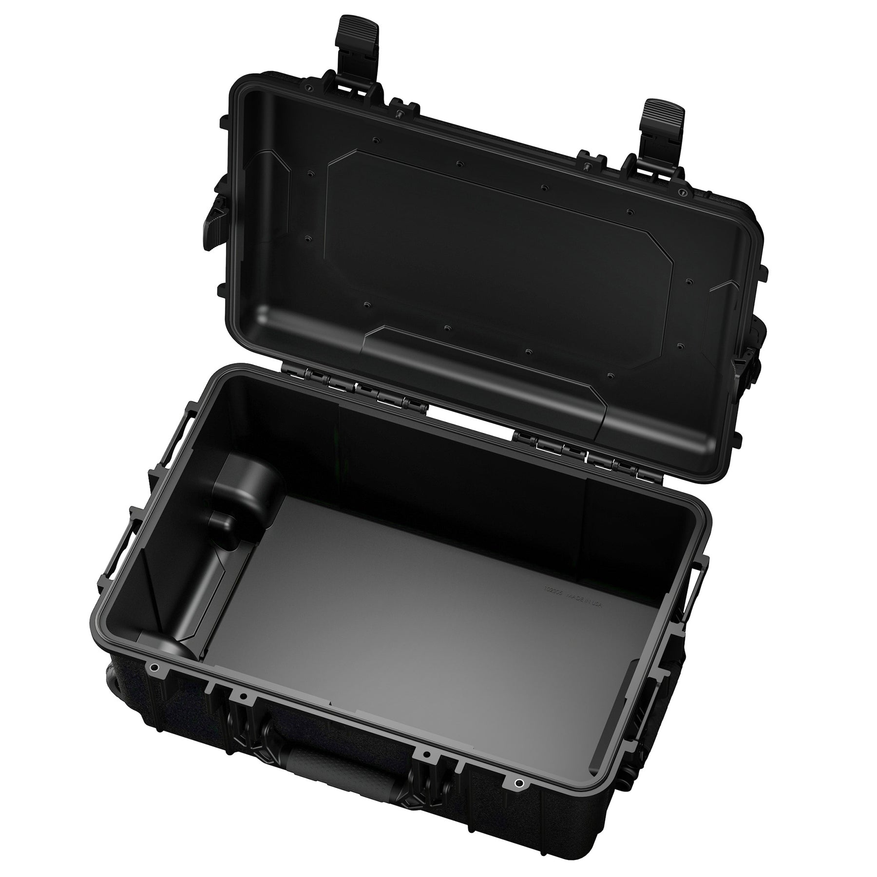 Alt text: Open large black protective hard case with sturdy latches and a foam-lined base, model number 305, showcasing its spacious and customizable interior. Ideal for safely transporting sensitive equipment.