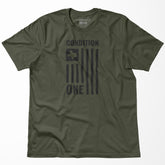 Olive green T-shirt with a black graphic design featuring the Texas state outline, stripes, and the words "CONDITION ONE.