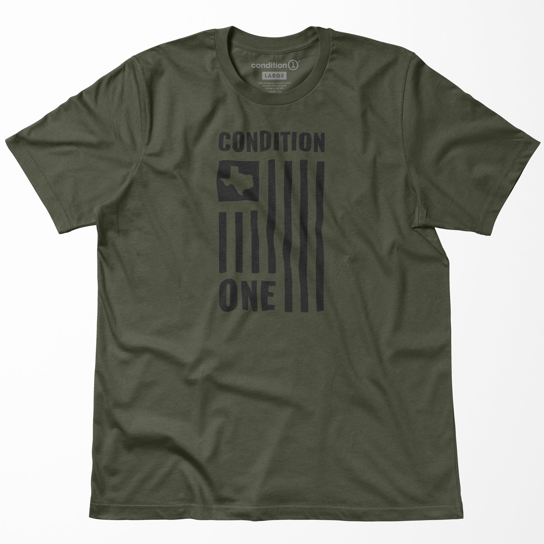 Olive green T-shirt with a black graphic design featuring the Texas state outline, stripes, and the words "CONDITION ONE.