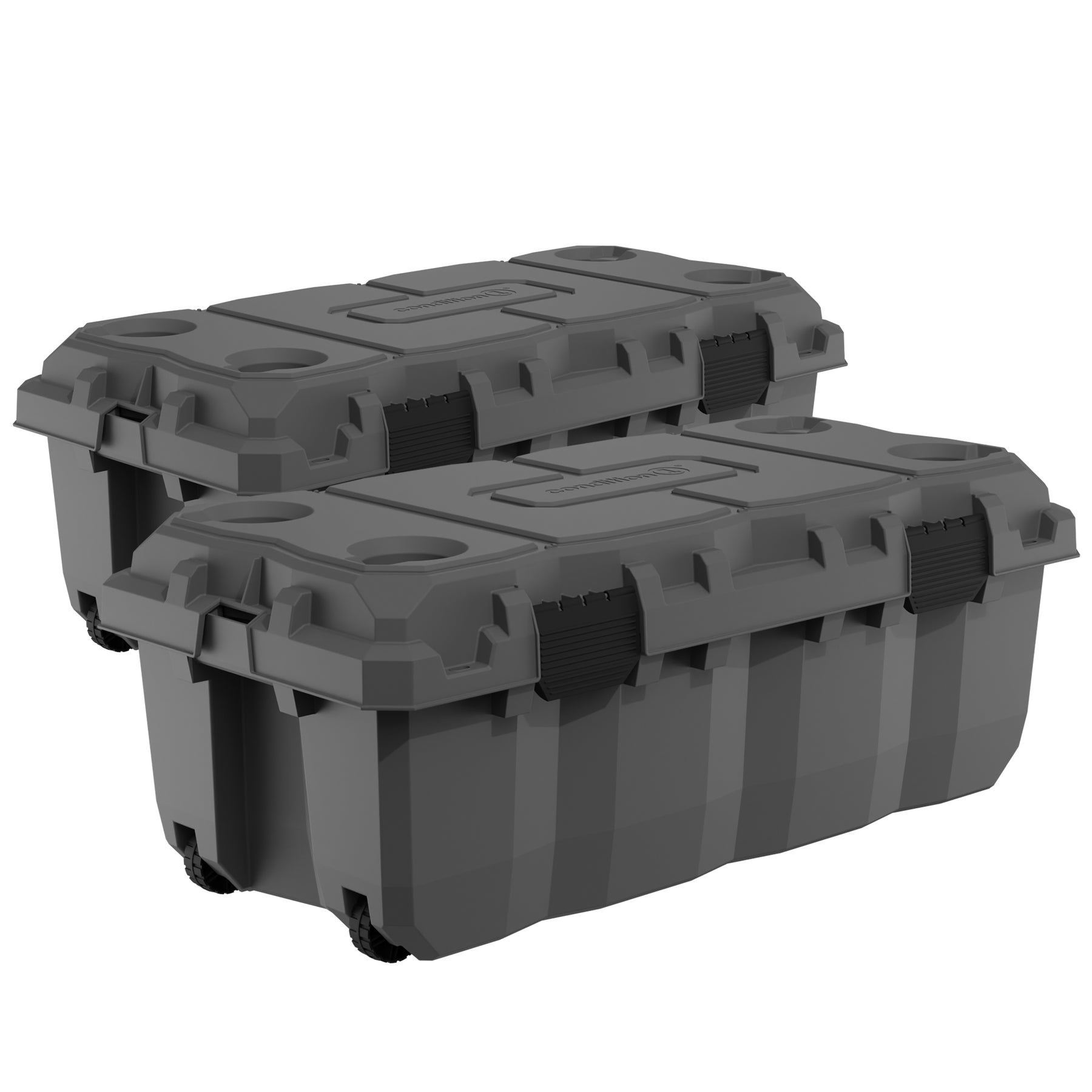 Two stacked 38" Sportsman Trunks in dark gray with reinforced lids, rugged handles, and black wheels for easy mobility.