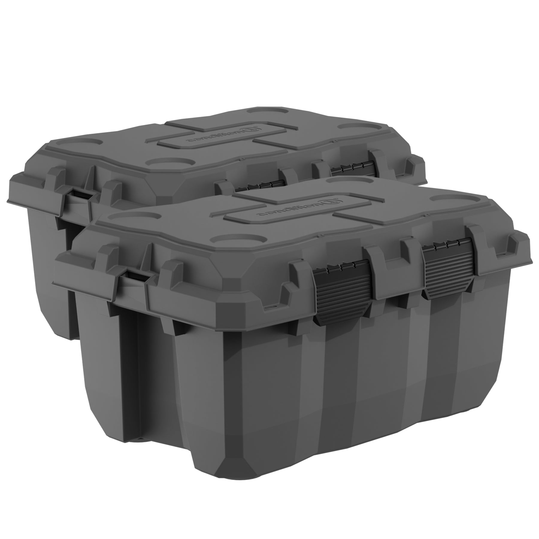 "Two 28-inch Sportsman Trunks in gray with durable plastic construction and secure black latches."
