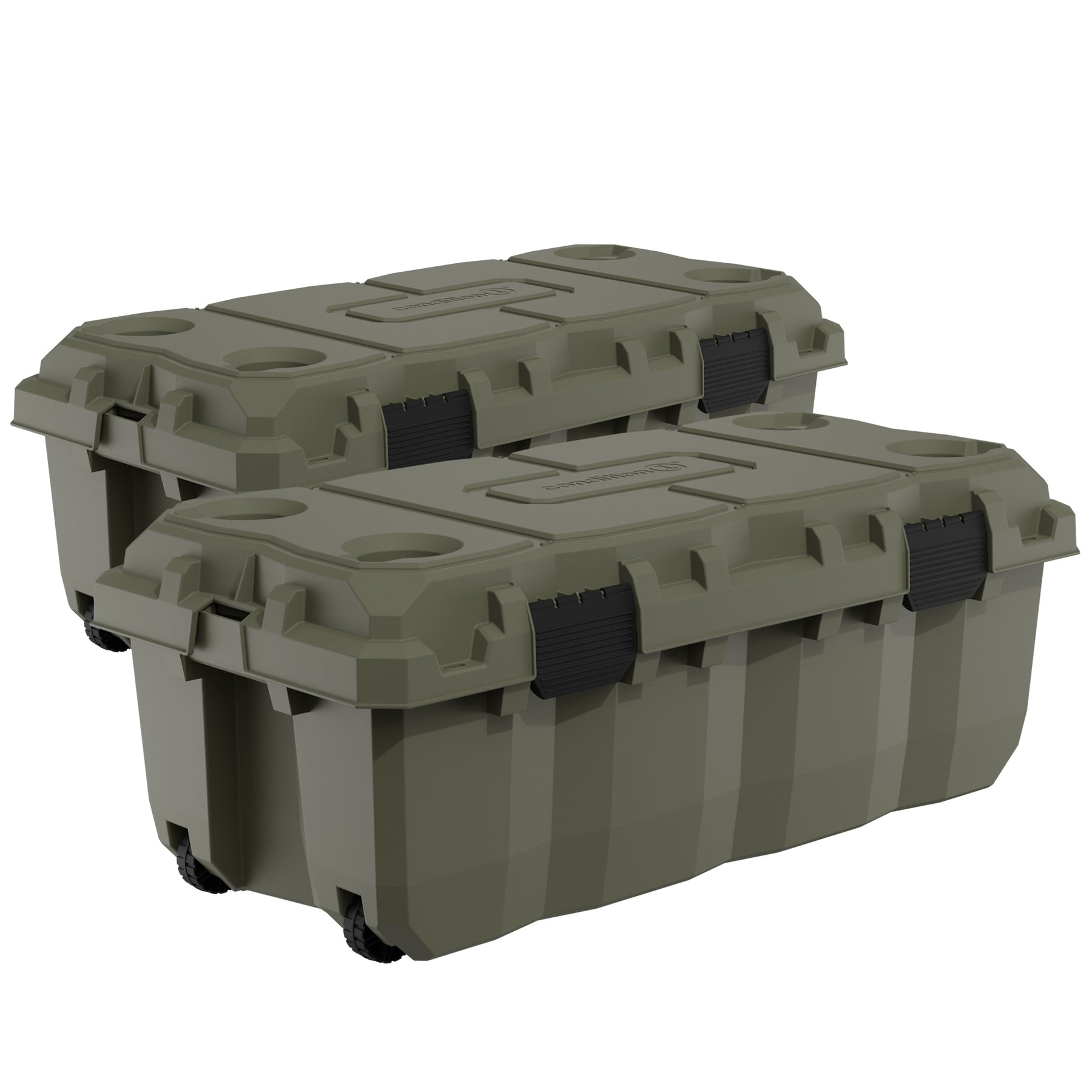 Alt text: Two stacked 38" Sportsman Trunks in olive green, featuring durable handles and wheels for mobility, and secure recessed lids ideal for outdoor and utility storage.