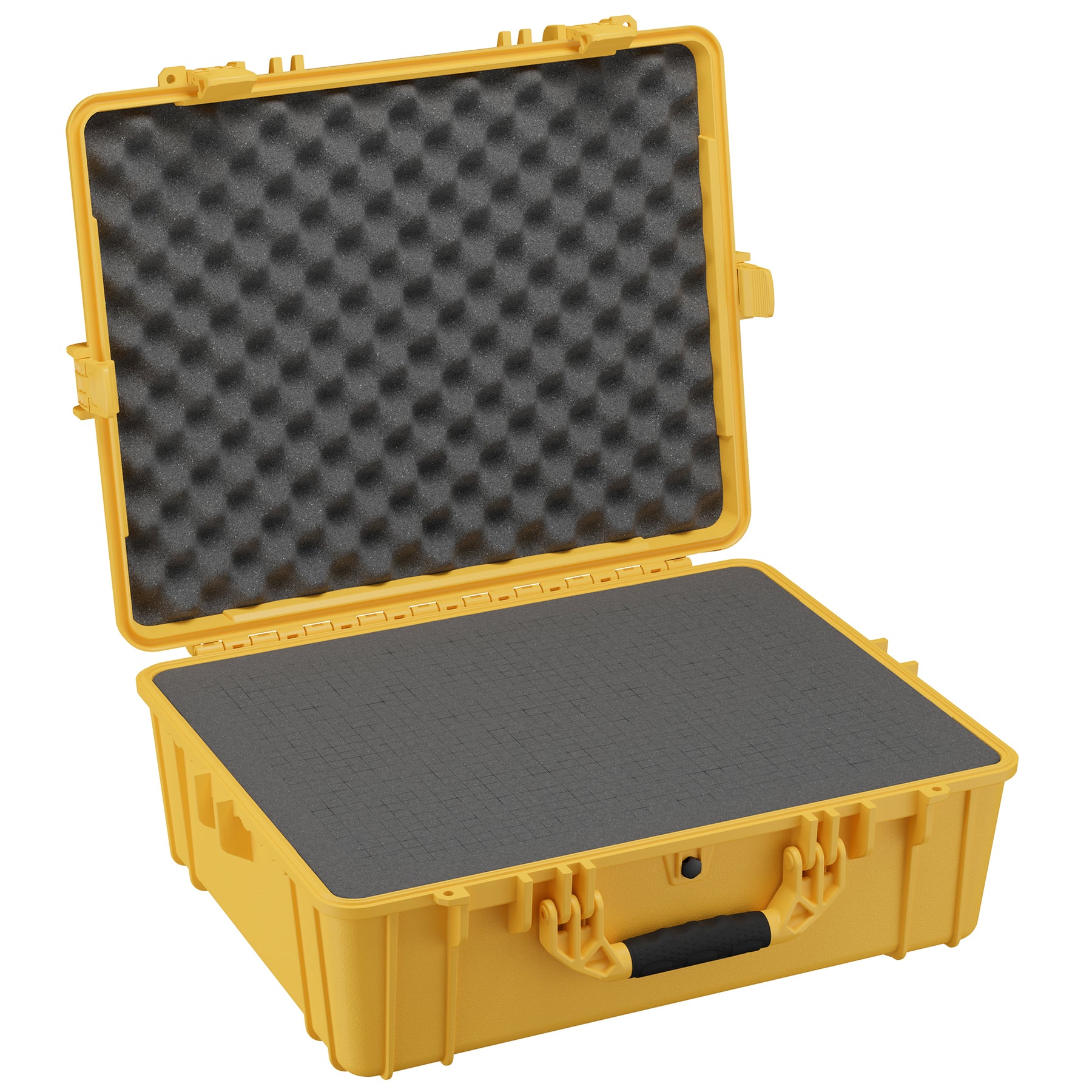 Open yellow 25" large protective case with foam padding and egg crate foam lid for secure storage and transport.