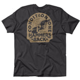Black T-shirt featuring a vintage-style graphic of a hand holding a gun with the text "Condition One Hammers Back" and additional design elements.