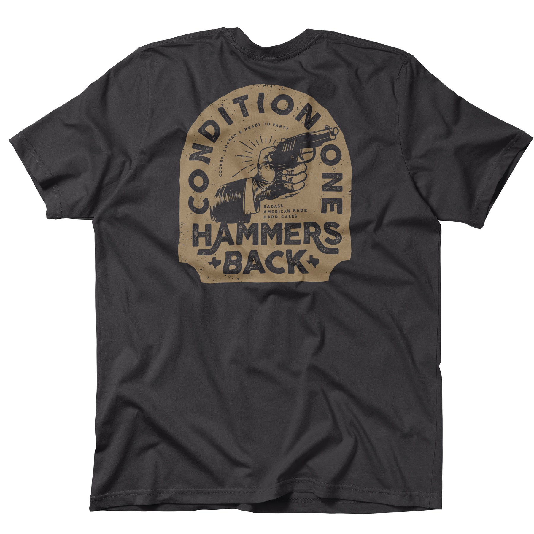 Black T-shirt featuring a vintage-style graphic of a hand holding a gun with the text "Condition One Hammers Back" and additional design elements.