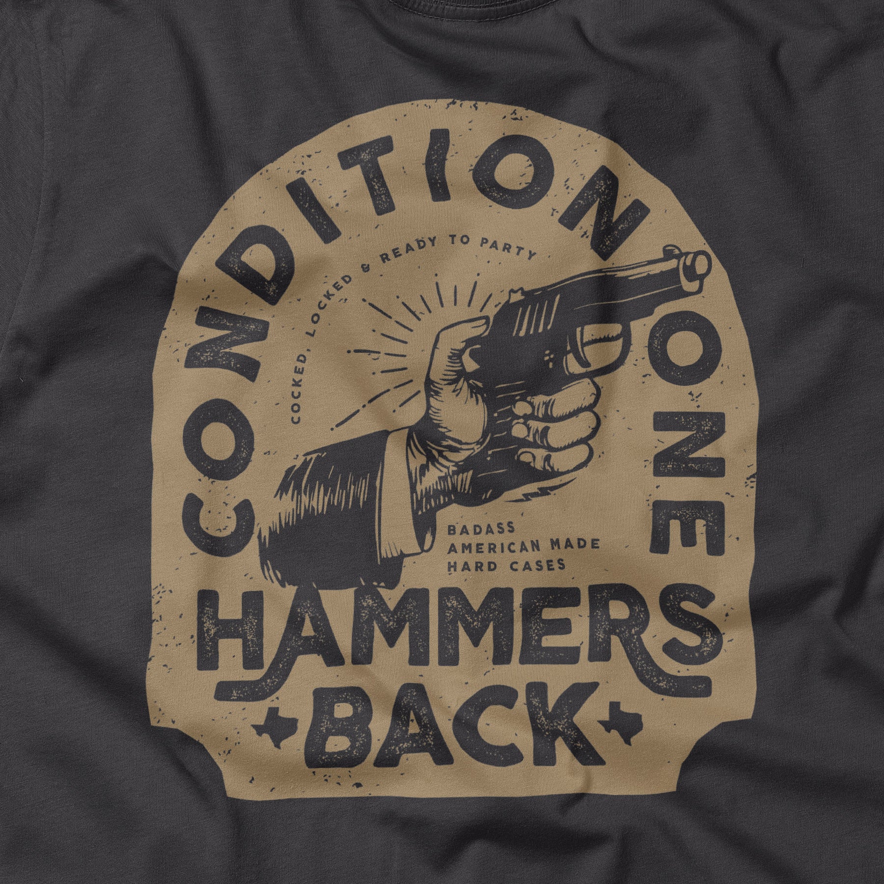 Black T-shirt featuring a vintage-style graphic of a hand holding a gun, with bold text "Hammers Back" and "Conviction.