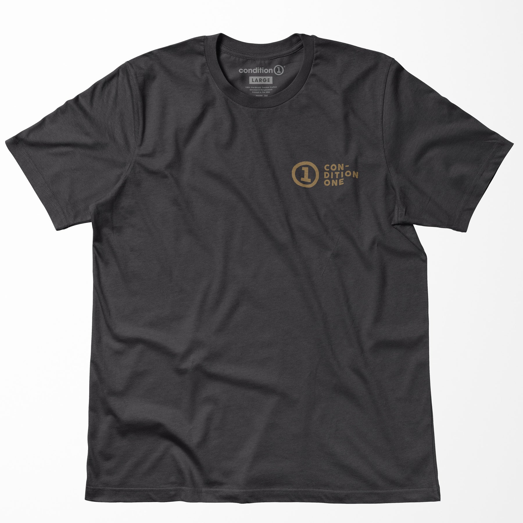 Black T-shirt with a small gold "Condition One" logo on the front left chest area.