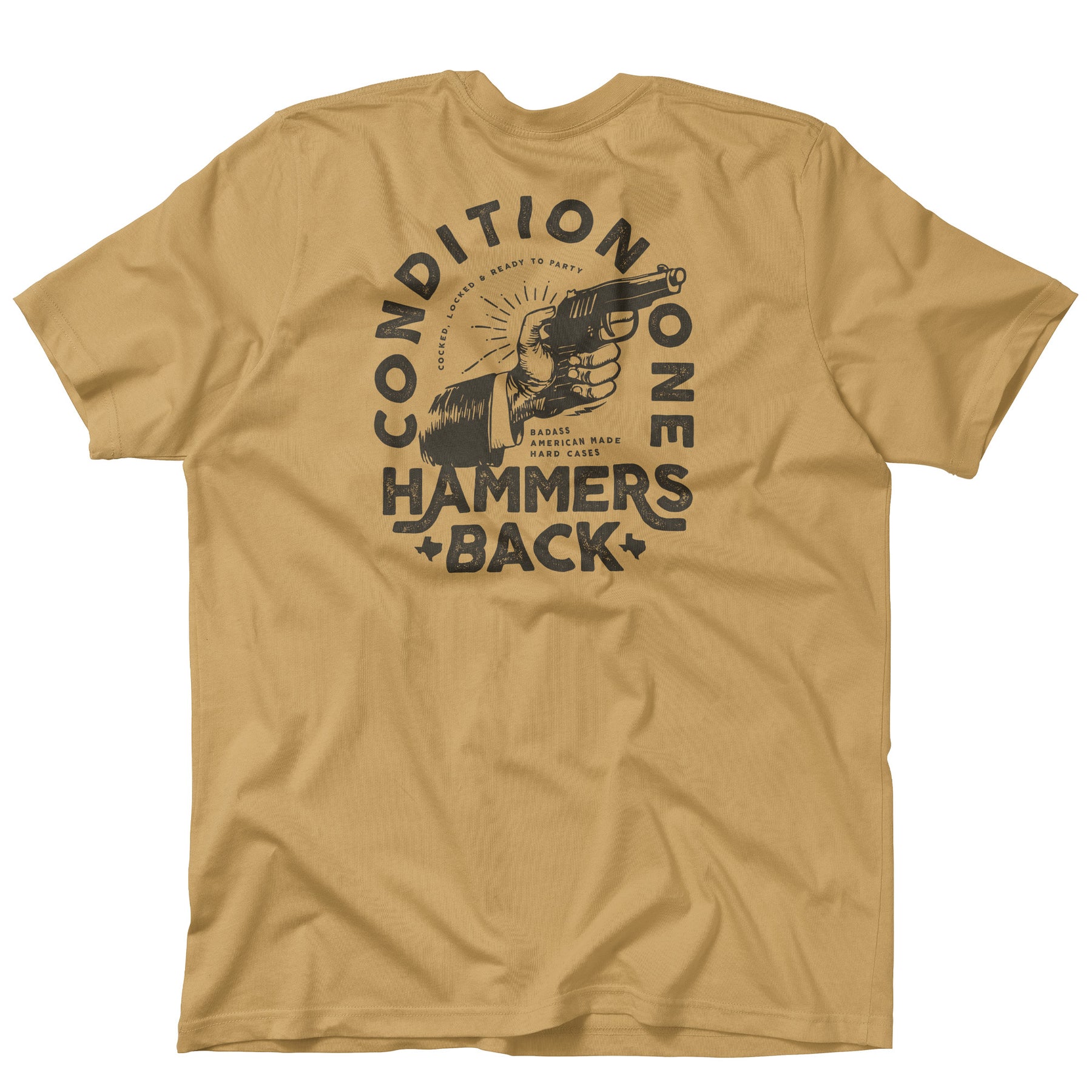 Beige T-shirt featuring a black graphic of a hand holding a gun, with bold text reading "Hammers Back" and "Indition One.