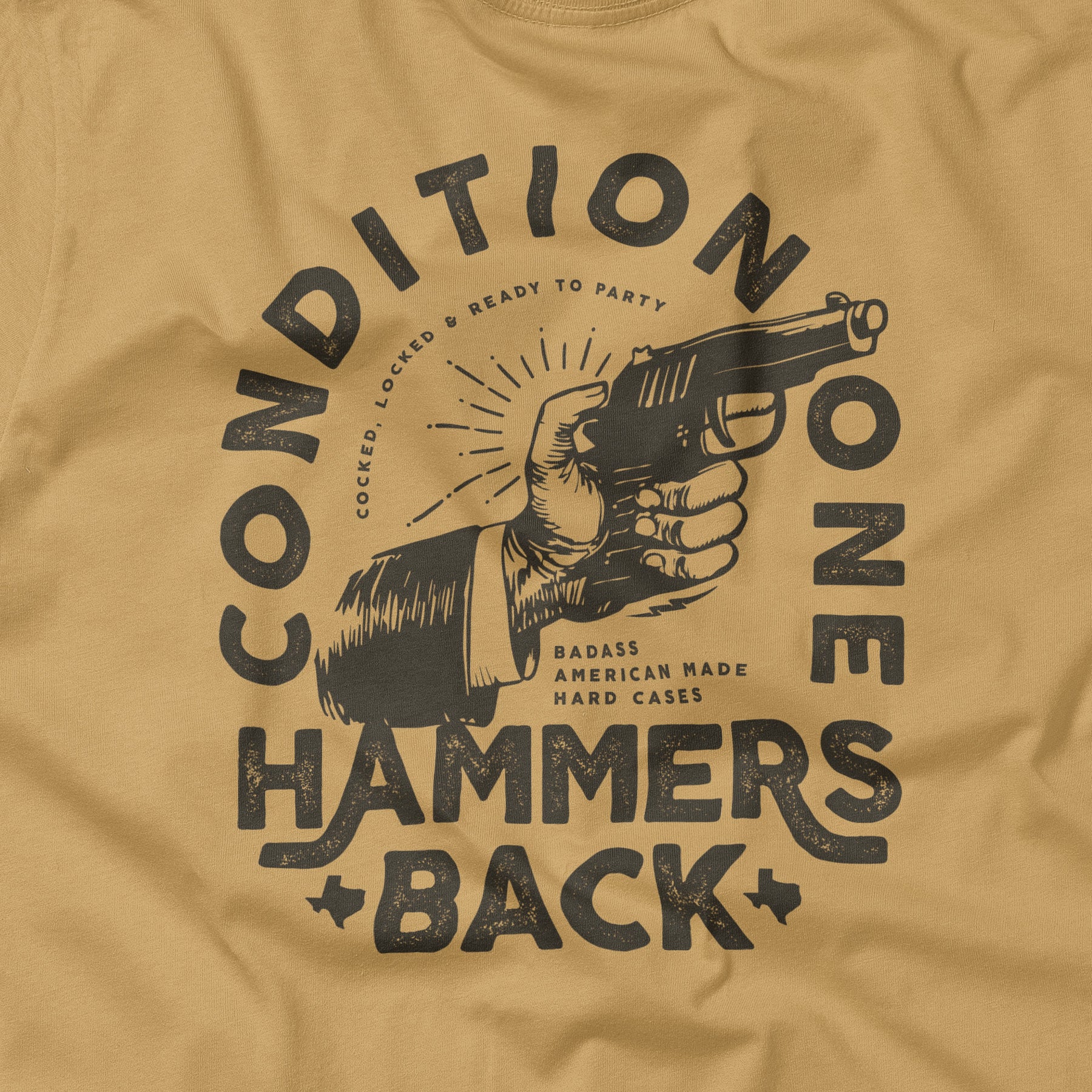Yellow T-shirt with a black graphic of a hand holding a gun, surrounded by bold text reading "Hammers Back" and "No One.