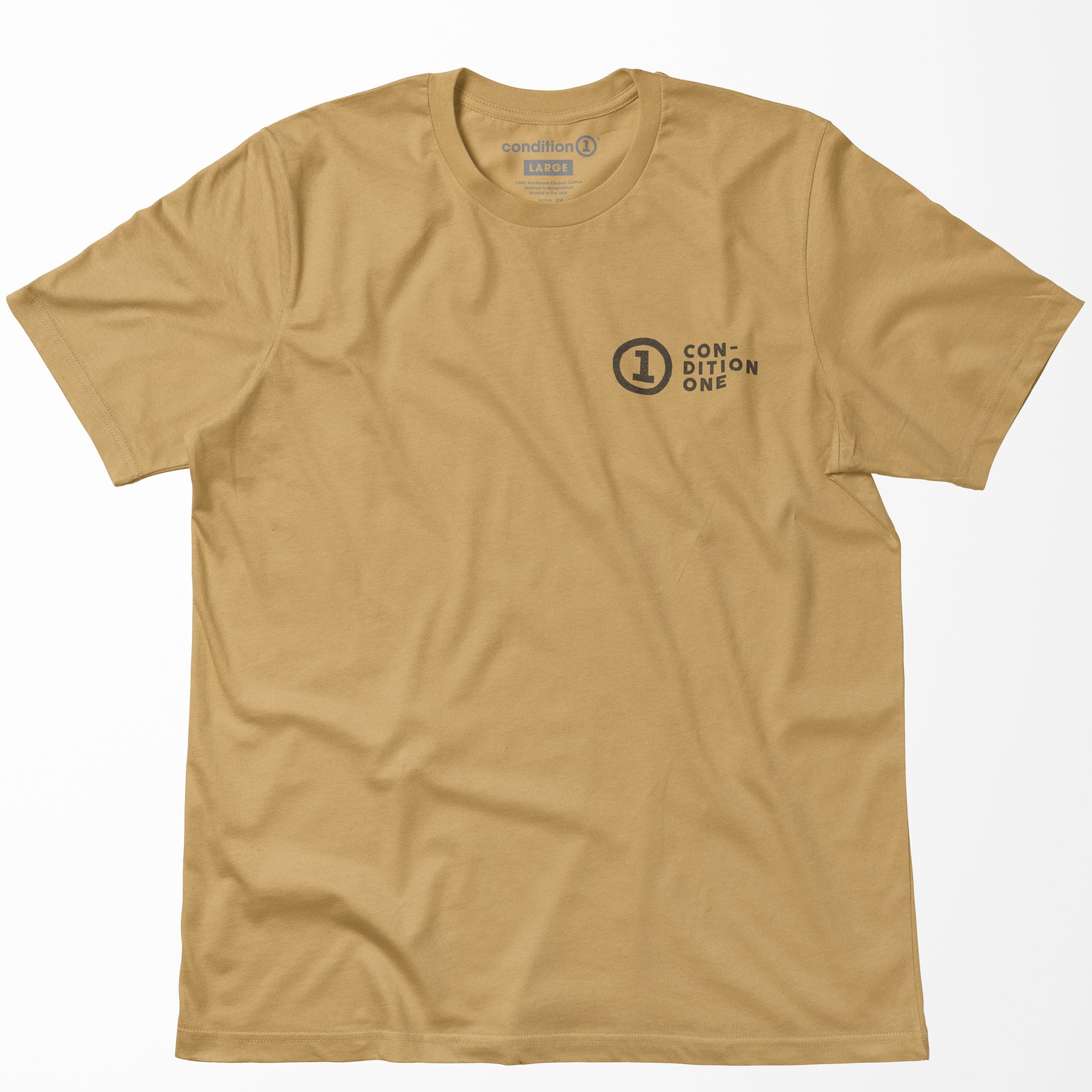 Beige T-shirt with "Condition One" logo and text on the front, featuring a round neckline and short sleeves.