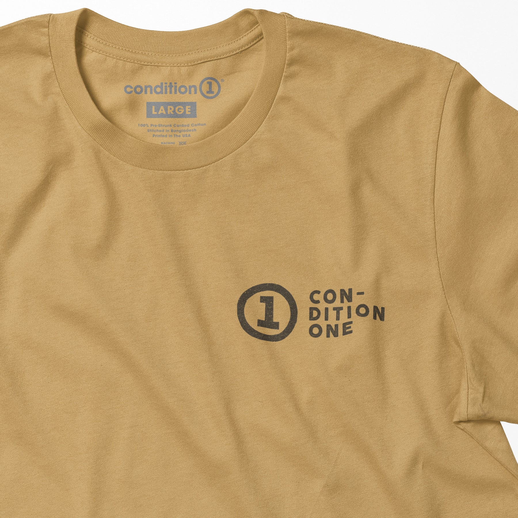 Yellow crewneck t-shirt with "Condition One" logo and text printed on the front, and a small logo inside the collar.