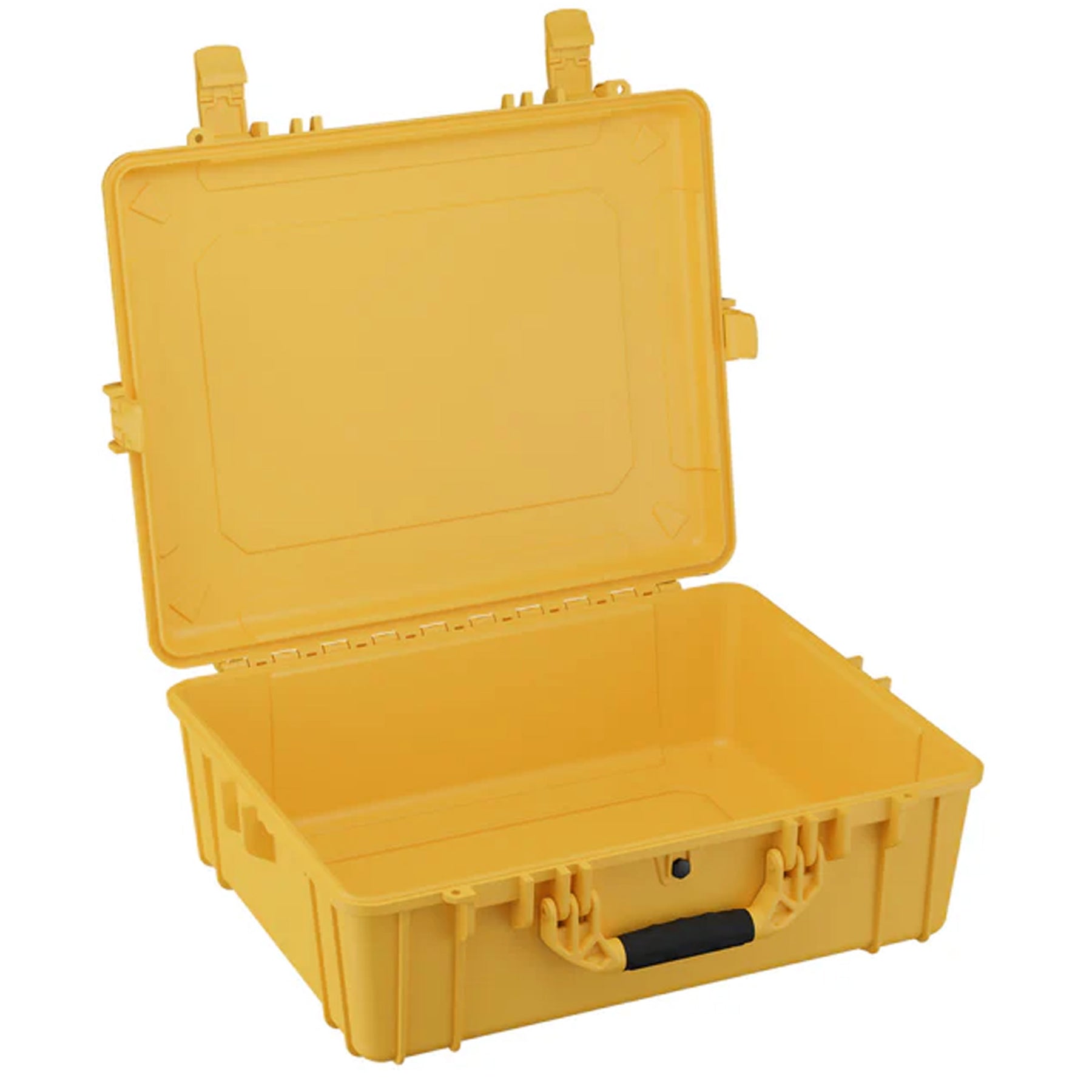 Open yellow 25-inch large protective case with black handle, sturdy latches, and spacious interior for storage.