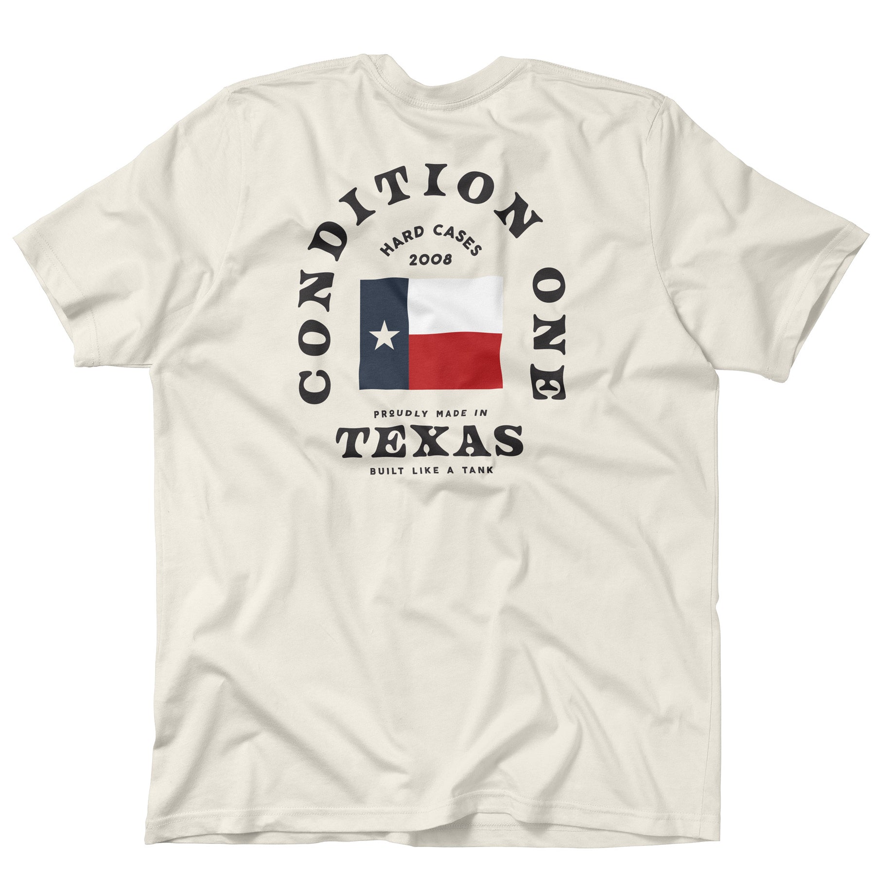 Cream-colored "Like A Tank" T-shirt featuring a Texas flag graphic and text design on the back, emphasizing durability and pride.