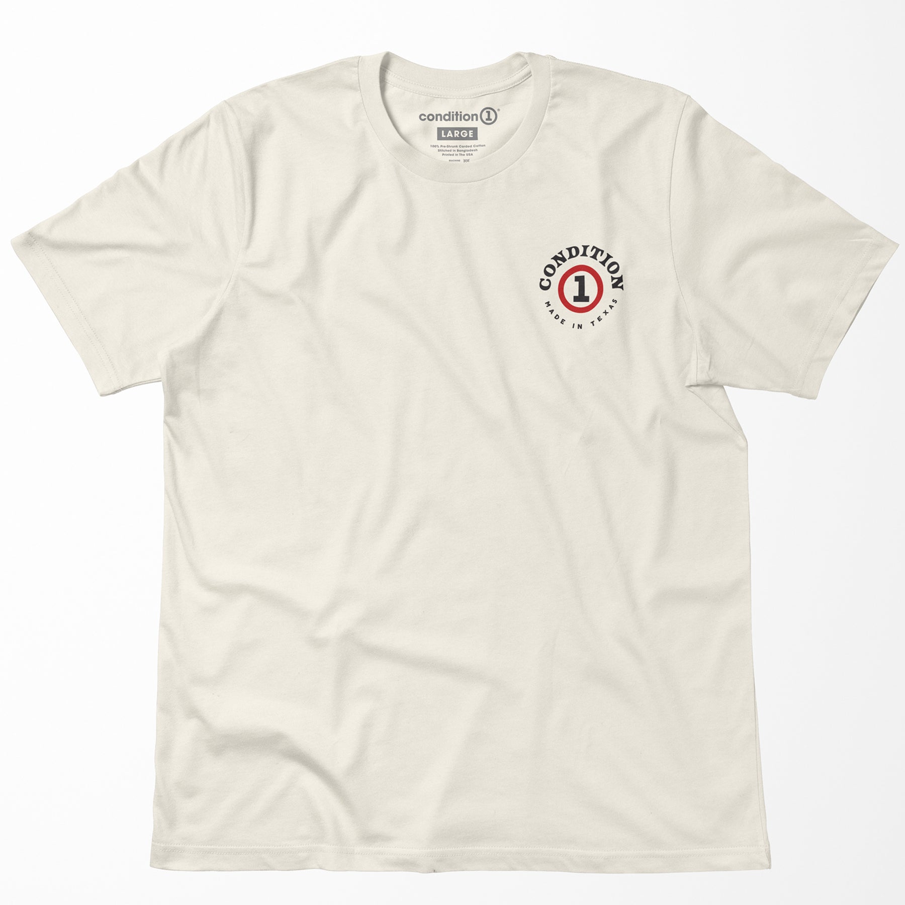 Cream-colored "Like A Tank" T-shirt with a circular logo on the chest that reads "Condition Made in Texas" and features a bold number 1.